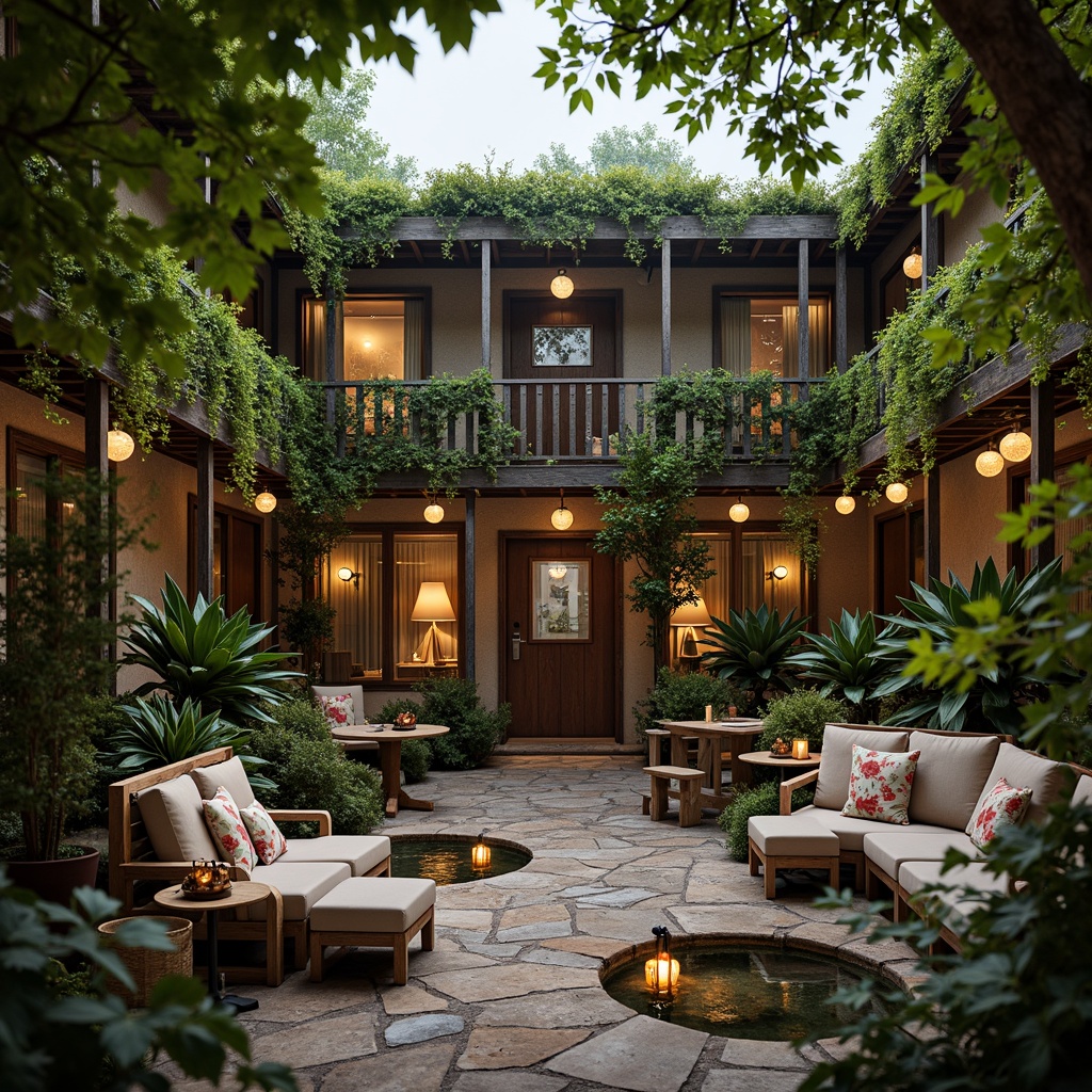 Prompt: Whimsical hostel courtyard, lush green vines, rustic wooden accents, natural stone pathways, charming water features, soft lantern lighting, cozy outdoor seating, vibrant floral patterns, eclectic mix of furniture, distressed finishes, earthy color palette, warm candlelight, shallow depth of field, 1/1 composition, intimate atmosphere, romantic ambiance, serene surroundings, misty morning light.