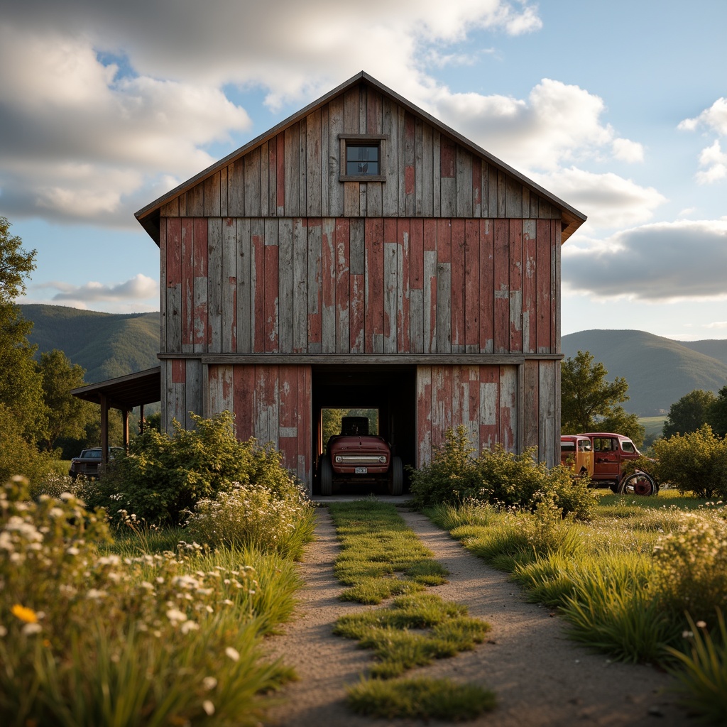 Prompt: Rustic barn, weathered wooden planks, distressed metal accents, earthy tones, muted reds, warm yellows, soft blues, vintage farm equipment, overgrown wildflowers, rural landscape, rolling hills, cloudy skies, warm natural lighting, shallow depth of field, 1/1 composition, realistic textures, ambient occlusion.