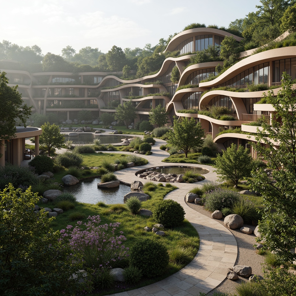 Prompt: Curved lines, fluid shapes, natural stone walls, wooden accents, green roofs, lush vegetation, cantilevered structures, irregular forms, earthy tones, organic patterns, intricate networks, futuristic details, sustainable materials, energy-efficient systems, soft diffused lighting, shallow depth of field, 1/1 composition, realistic textures, ambient occlusion.