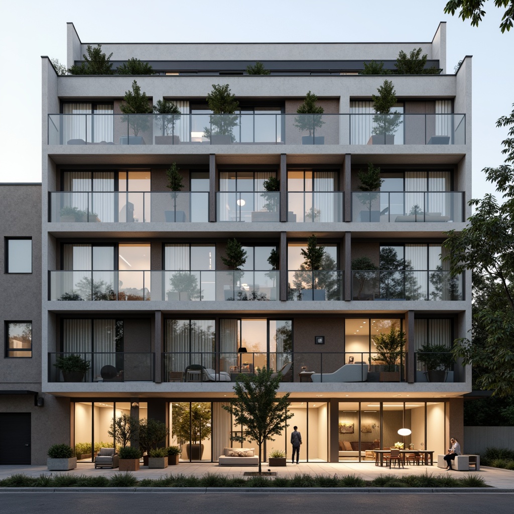 Prompt: Minimalist dormitory facade, clean lines, monochromatic color scheme, industrial materials, exposed concrete walls, steel frames, floor-to-ceiling windows, natural light, cozy atmosphere, Scandinavian-inspired design, simple ornamentation, subtle textures, soft warm lighting, shallow depth of field, 3/4 composition, realistic rendering, ambient occlusion.