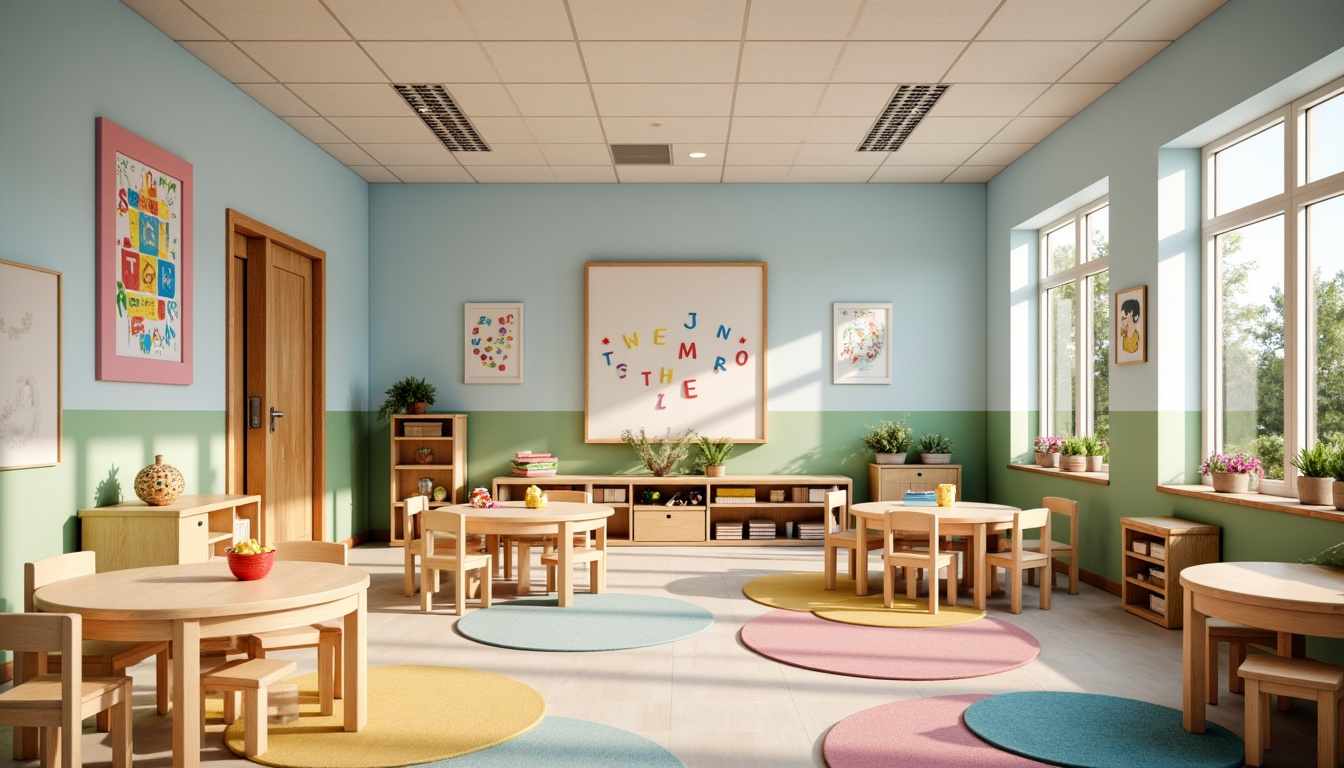 Prompt: Vibrant kindergarten classroom, bright pastel colors, soft wooden furniture, playful alphabet blocks, educational posters, interactive whiteboards, rounded tables, tiny chairs, colorful rugs, natural light, airy atmosphere, gentle warm lighting, shallow depth of field, 1/2 composition, inviting entrance, modern minimalist design, cheerful decorative accents, whimsical illustrations, friendly fonts, learning-themed accessories.