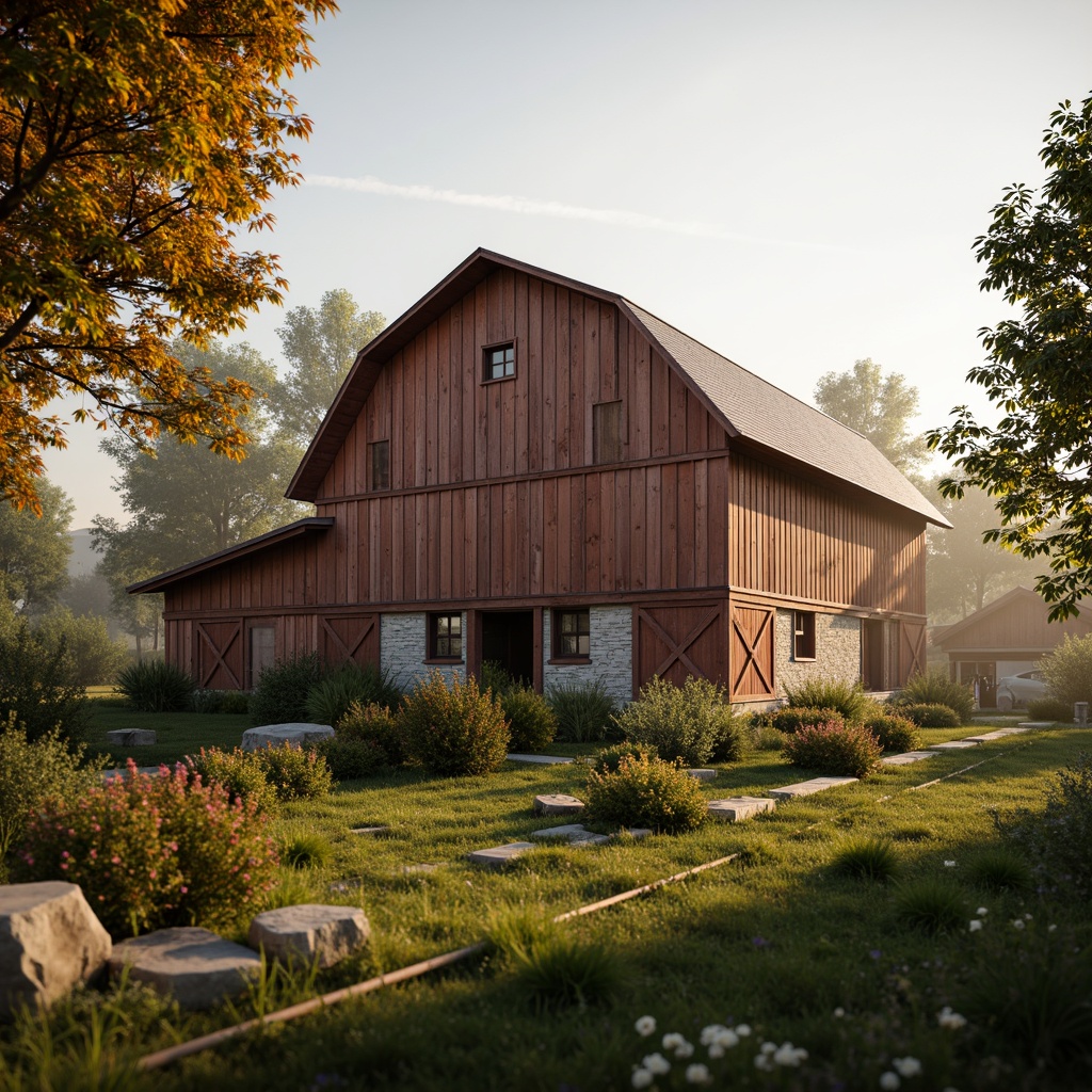 Prompt: Rustic barns, weathered wood textures, earthy tones, muted reds, warm oranges, soft yellows, creamy whites, distressed finishes, vintage metal accents, reclaimed wood planks, natural stone foundations, overgrown gardens, wildflowers, sunny afternoons, warm golden lighting, shallow depth of field, 1/2 composition, cinematic framing, realistic renderings, atmospheric fog.