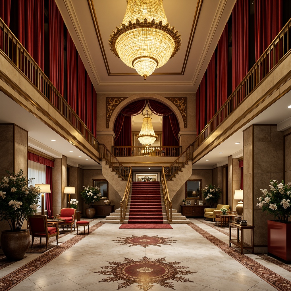 Prompt: Grand luxurious hotel lobby, ornate golden chandeliers, intricate marble flooring, lavish velvet drapes, richly carved wooden paneling, imposing stone columns, grandiose staircase, opulent furnishings, rich tapestries, gilded mirrors, lavish flower arrangements, warm soft lighting, shallow depth of field, 1/1 composition, realistic textures, ambient occlusion.