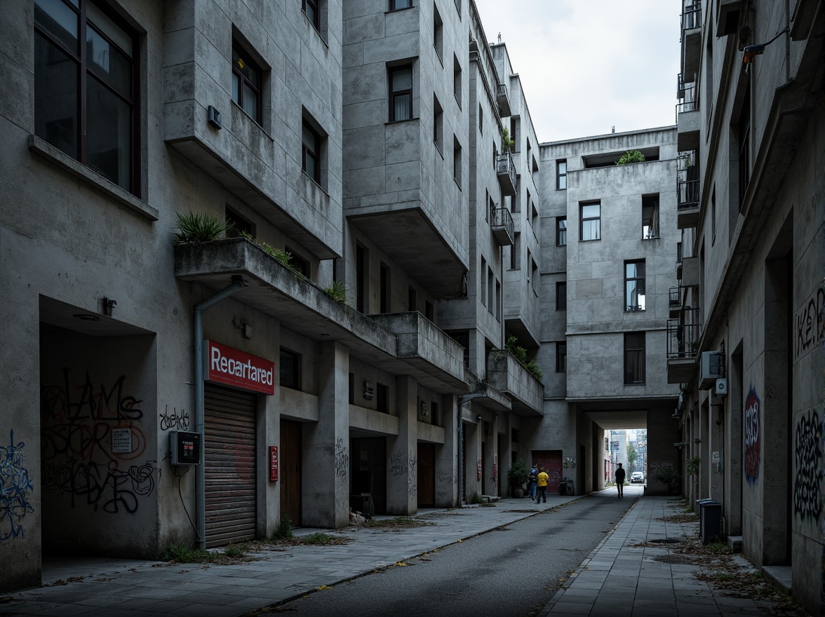 Prompt: Raw concrete buildings, fortress-like structures, rugged textures, urban decay, abandoned spaces, graffiti walls, industrial landscapes, brutalist architecture, monolithic forms, cold gray tones, dimly lit alleys, narrow walkways, stark shadows, harsh lighting, dramatic contrast, 1/2 composition, low-angle shot, gritty atmosphere, realistic render.