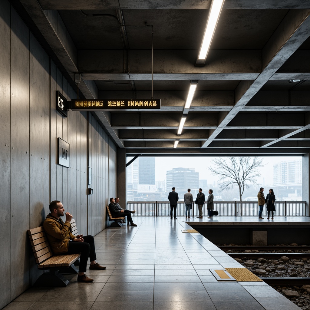 Prompt: Minimalist metro station interior, clean lines, simple shapes, industrial materials, exposed concrete walls, steel beams, polished metal floors, modern LED lighting, sleek benches, minimal signage, ample natural light, urban atmosphere, busy commuters, rush hour scene, shallow depth of field, 1/1 composition, realistic textures, ambient occlusion.