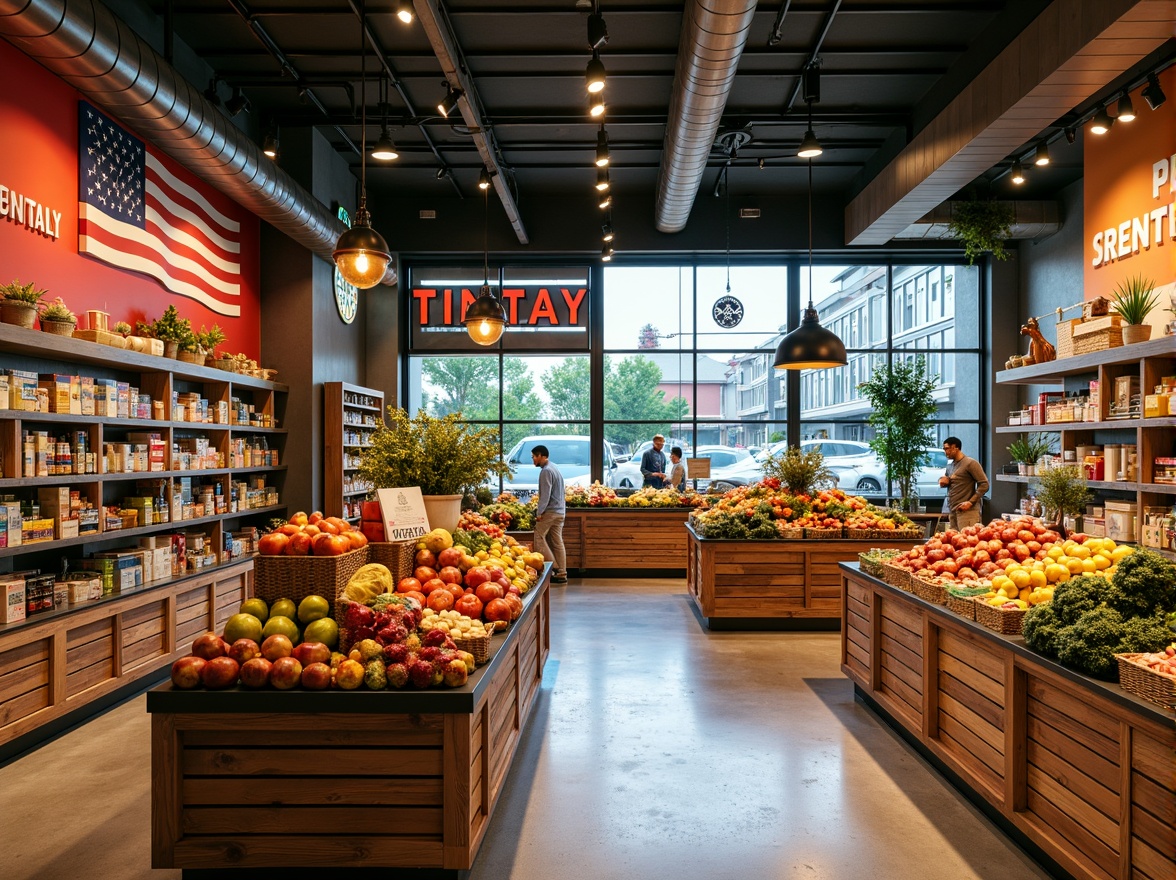 Prompt: Vibrant grocery store, lively market atmosphere, bold primary colors, bright signage, playful typography, natural wood accents, fresh produce displays, colorful fruit and vegetable arrangements, modern industrial lighting, polished concrete floors, exposed ductwork, urban loft-inspired architecture, eclectic mix of textures, energetic color blocking, warm inviting ambiance, softbox lighting, 1/1 composition, realistic reflections, ambient occlusion.