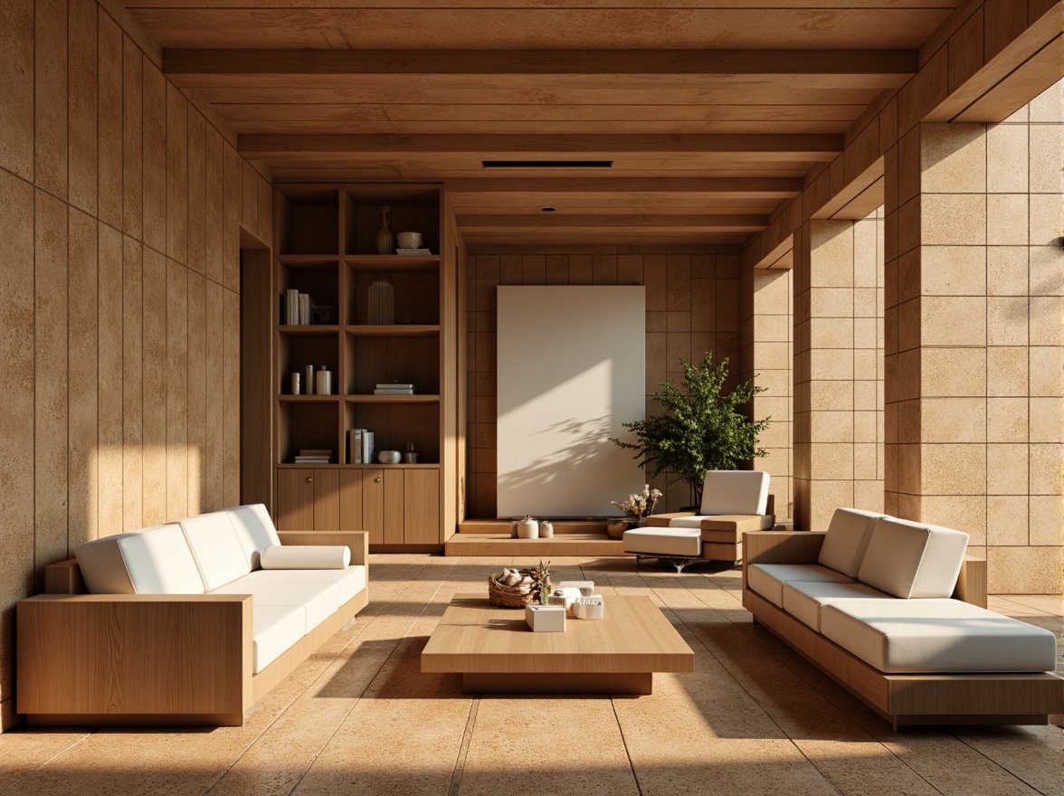 Prompt: Minimalist interior, cork flooring, natural textures, earthy tones, simple furniture, low-profile sofas, sleek coffee tables, geometric patterns, subtle lighting, warm ambiance, soft shadows, 1/1 composition, shallow depth of field, realistic materials, ambient occlusion.