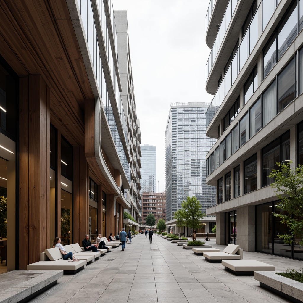 Prompt: Sleek modernist buildings, curved lines, metallic accents, monochromatic color scheme, rich wood tones, polished marble floors, large glass windows, minimalist ornamentation, urban cityscape, cloudy day, soft diffused lighting, shallow depth of field, 1/1 composition, symmetrical framing, realistic reflections, ambient occlusion.Please let me know if this meets your requirements!