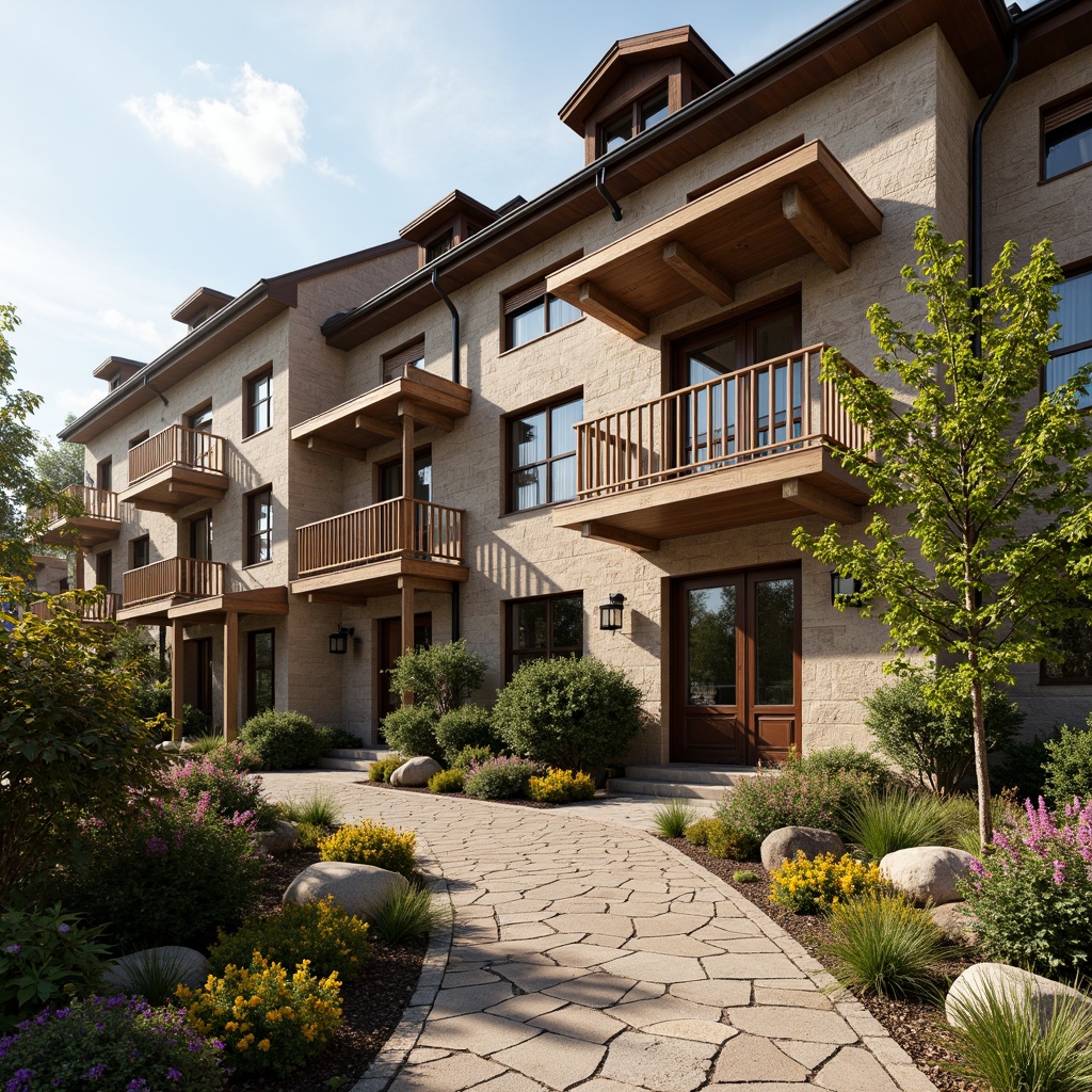 Prompt: Earth-toned regionalism hotel facade, rustic stone walls, wooden accents, pitched roofs, ornate balconies, vintage windows, decorative shutters, lush greenery, blooming flowers, winding pathways, natural stone pavement, warm sunny day, soft diffused lighting, 3/4 composition, shallow depth of field, realistic textures, ambient occlusion.