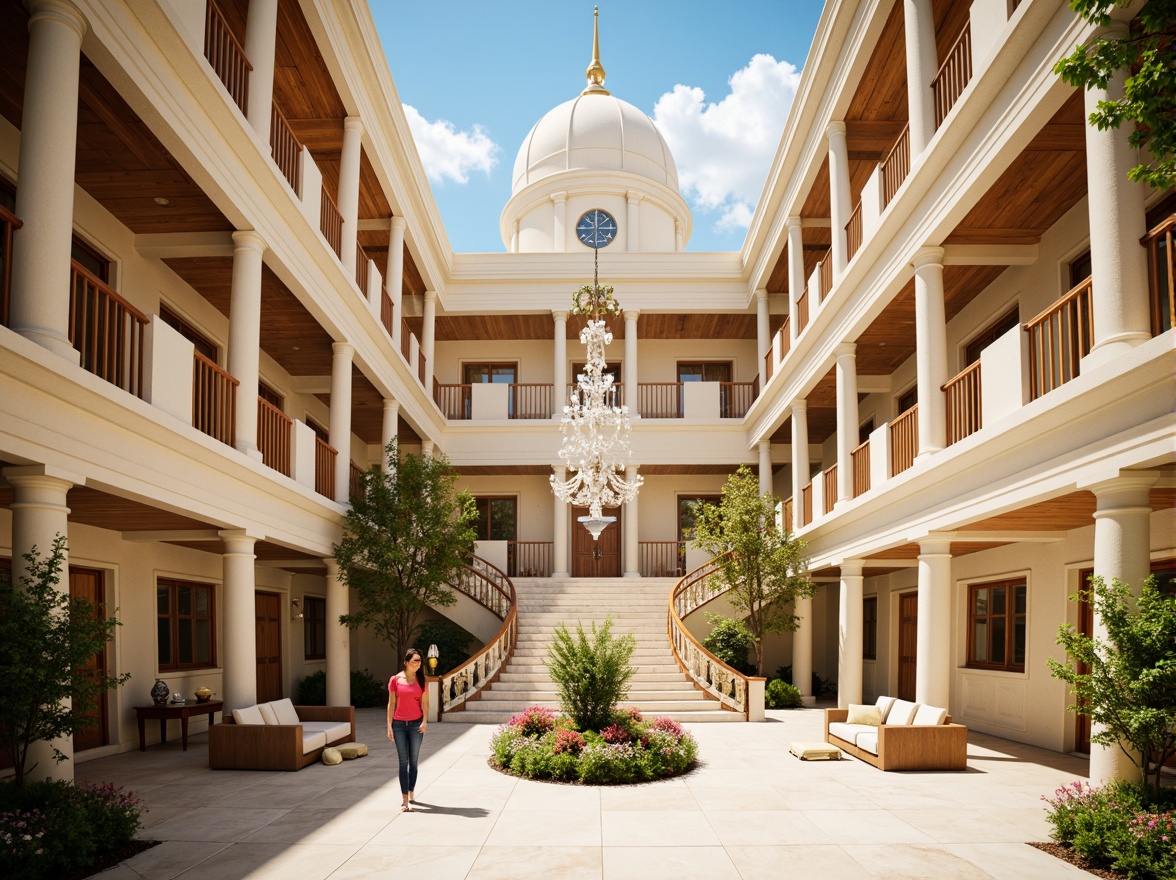 Prompt: Vibrant government building, neoclassical architecture, ornate columns, grand staircase, elegant chandeliers, polished marble floors, warm beige walls, rich wood accents, soft cream lighting, subtle texture overlays, realistic reflections, 1/1 composition, symmetrical framing, bright sunny day, clear blue sky, lush greenery, blooming flowers, intricate stone carvings, ornate metalwork, classic typography, sophisticated color palette, harmonious contrast, balanced hierarchy.