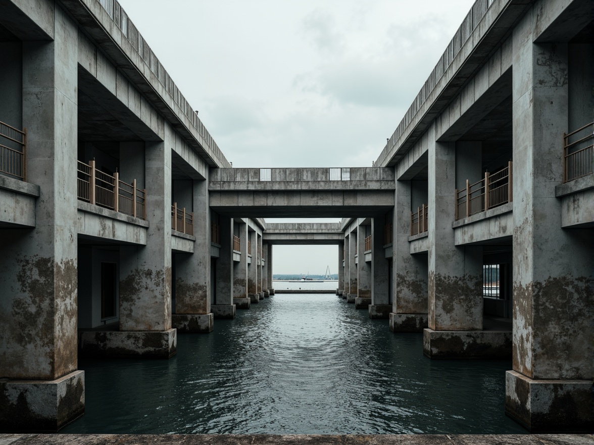 Prompt: Exposed concrete piers, rugged stone foundations, robust steel beams, industrial-style railings, weathered wooden decking, brutalist architecture, geometric shapes, monolithic forms, raw concrete textures, poured-in-place construction, urban cityscape, cloudy grey sky, dramatic lighting, deep shadows, atmospheric mist, cinematic composition, symmetrical framing, high-contrast imagery.