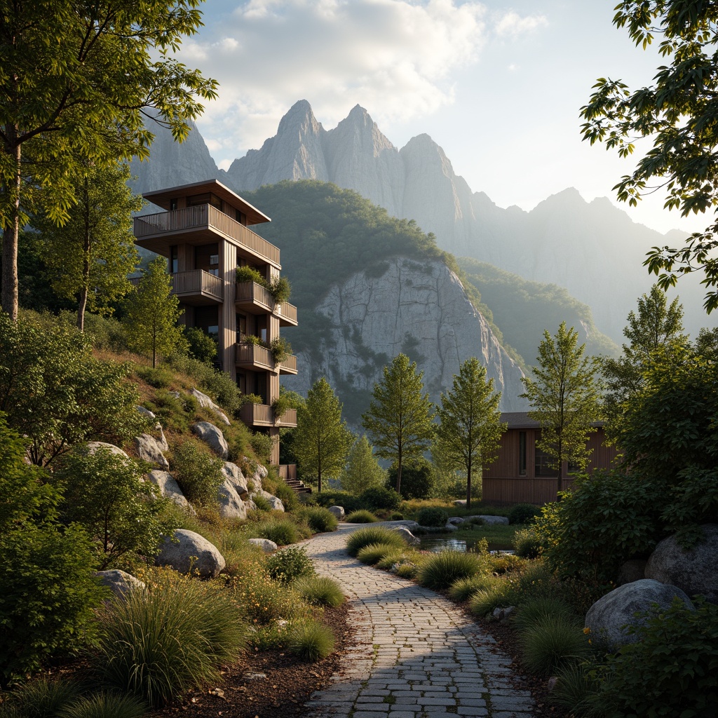 Prompt: \Scenic mountainous landscape, winding stone pathways, lush green forests, watching tower designs, rustic wooden accents, elevated viewpoints, panoramic vistas, misty atmospheric conditions, warm golden lighting, soft focus effect, 1/2 composition, cinematic framing, realistic foliage, detailed rock textures.\