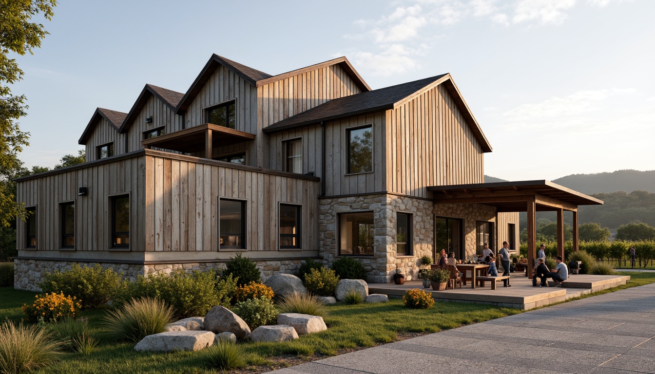 Prompt: Rustic winery exterior, weathered wooden facade, stone walls, metal accents, minimalist decor, natural stonework, earthy color palette, green roof, reclaimed wood cladding, corten steel details, industrial chic lighting, vineyard surroundings, rolling hills, sunny day, soft warm light, shallow depth of field, 3/4 composition, panoramic view, realistic textures, ambient occlusion.