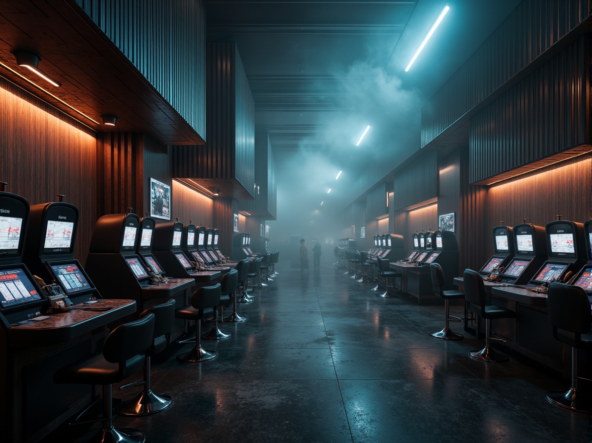 Prompt: Mysterious casino interior, gray tone spectrum, dark charcoal walls, light misty fog effects, neon accent lights, glossy marble floors, metallic chrome fixtures, luxurious velvet fabrics, ambient soft glow lighting, shallow depth of field, 1/2 composition, cinematic mood, realistic reflections, subtle gradient maps.