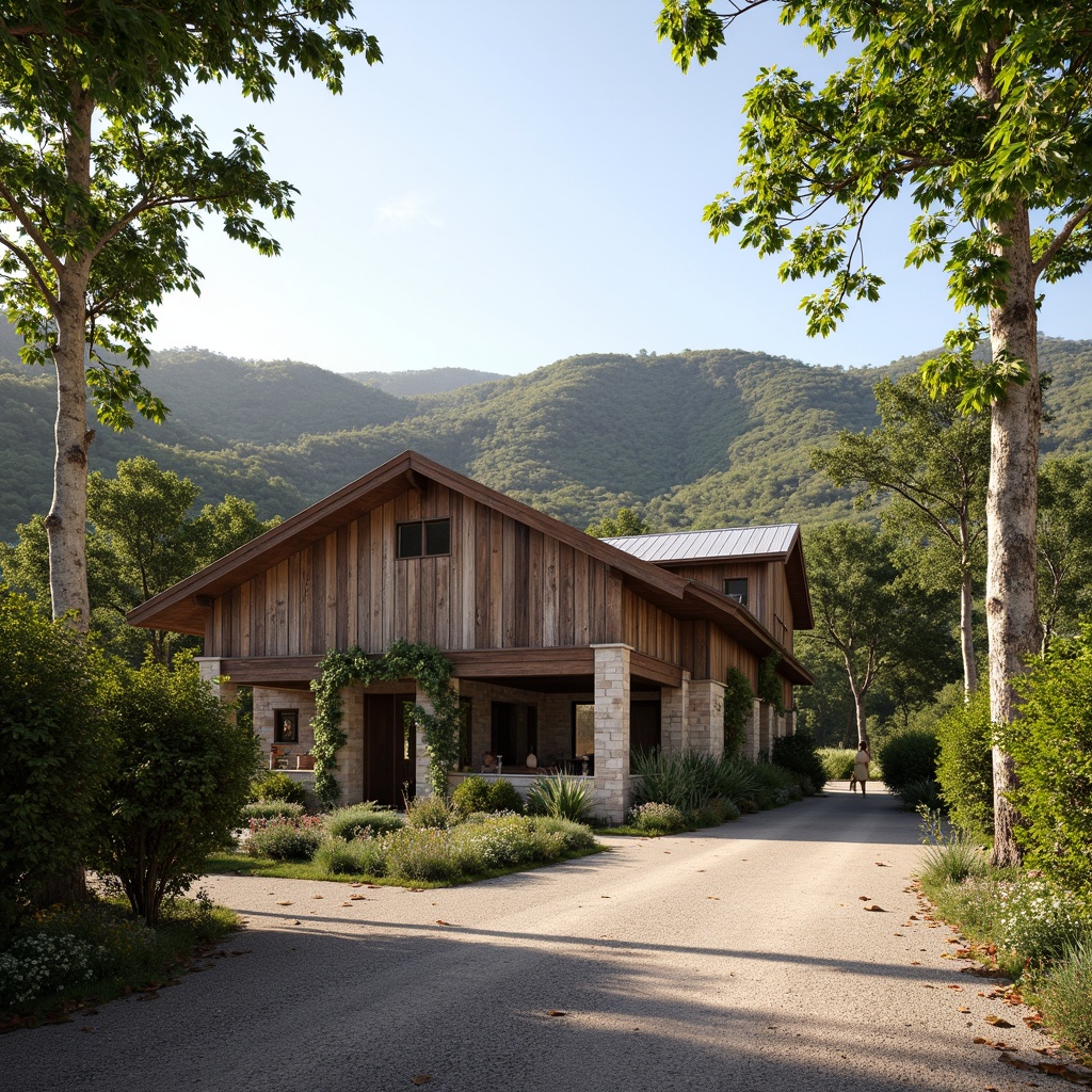 Prompt: Rustic winery exterior, weathered wooden fa\u00e7ade, natural stone walls, minimalist steel gates, industrial metal roofing, earthy tone color palette, vines crawling up walls, lush greenery surroundings, rolling hills landscape, sunny day with soft warm lighting, shallow depth of field, 3/4 composition, panoramic view, realistic textures, ambient occlusion.