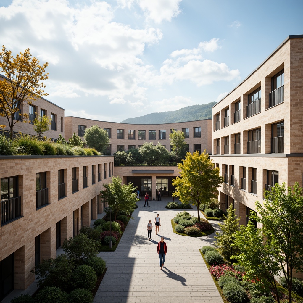 Prompt: Vibrant campus square, harmonious building orientation, symmetrical fa\u00e7ade design, natural stone cladding, large glass windows, modern minimalist architecture, curved lines, fusion of traditional and contemporary styles, lush green roofs, rooftop gardens, walkable promenades, scenic views, warm sunny day, soft diffused lighting, shallow depth of field, 1/2 composition, panoramic view, realistic textures, ambient occlusion.