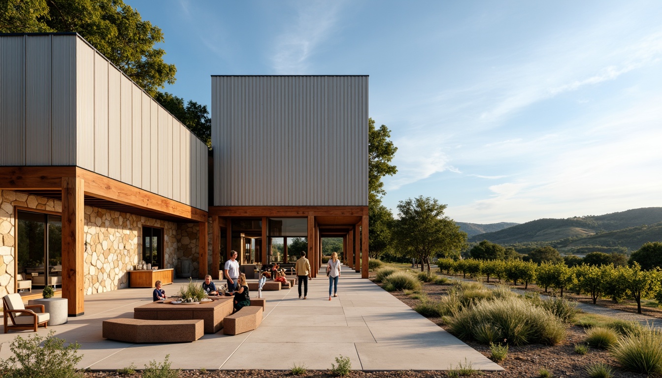 Prompt: Rustic winery exterior, weathered wood accents, corrugated metal cladding, natural stone walls, earthy color palette, minimalist architectural design, clean lines, simplicity emphasis, functional spaces, industrial chic, reclaimed wood doors, steel frame windows, sliding glass doors, outdoor seating areas, vineyard views, rolling hills, sunny day, soft warm lighting, shallow depth of field, 3/4 composition, realistic textures, ambient occlusion.