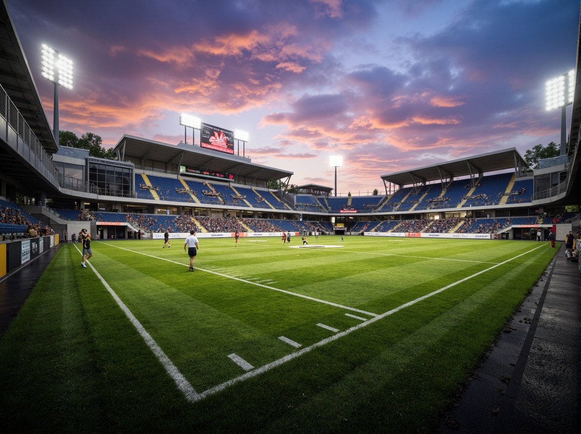 Prompt: Lush green football field, stadium seating, floodlights, scoreboard displays, sports equipment storage, locker rooms, athletic training facilities, VIP suites, concessions stands, pedestrian walkways, vehicle access roads, parking areas, urban landscape integration, modern architecture, cantilevered roofs, steel structures, glass fa\u00e7ades, LED lighting systems, dynamic crowd simulations, atmospheric fog effects, dramatic sunset lighting, shallow depth of field, 2/3 composition, cinematic camera angles, realistic textures, ambient occlusion.