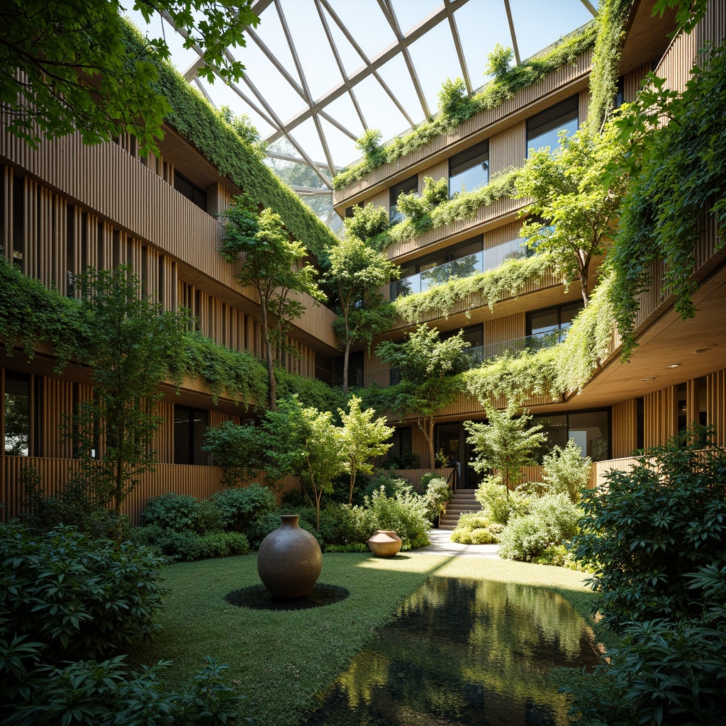 Prompt: Lush green roofs, verdant walls, natural ventilation, solar panels, renewable energy systems, eco-friendly materials, bamboo structures, living walls, organic shapes, earthy tones, soft warm lighting, dappled shadows, filtered sunlight, clerestory windows, skylights, atriums, open-air courtyards, serene atmosphere, peaceful ambiance, 1/2 composition, shallow depth of field, realistic textures.