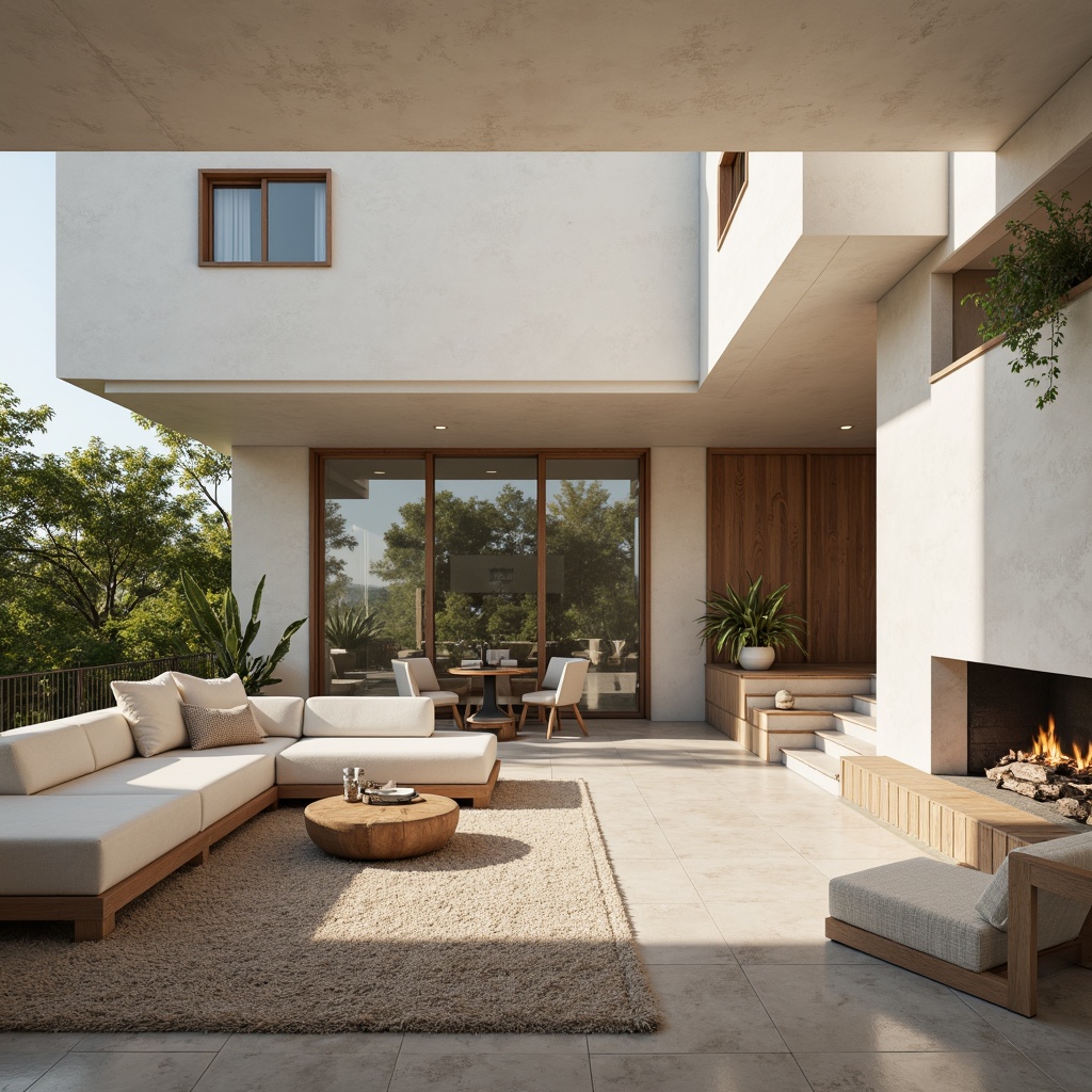 Prompt: Sleek modern houses, neutral color palette, creamy whites, soft grays, warm beiges, earthy browns, natural wood accents, large windows, sliding glass doors, minimal ornamentation, clean lines, geometric shapes, functional layout, cozy living rooms, minimalist decor, plush area rugs, ambient lighting, soft warm glow, shallow depth of field, 1/1 composition, realistic textures, subtle shadowing.