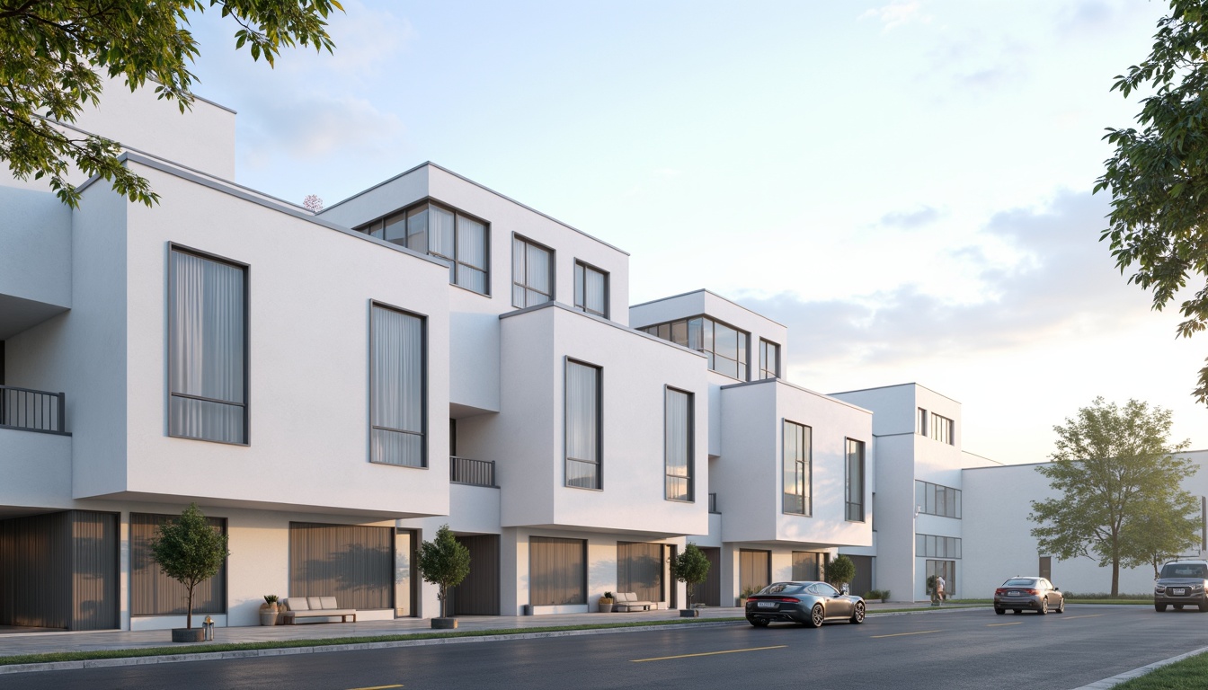 Prompt: Clean white facade, subtle texture, minimal ornamentation, large windows, sliding glass doors, simple rectangular shapes, flat rooflines, industrial materials, exposed concrete, steel frames, hidden LED lighting, soft natural light, shallow depth of field, 1/1 composition, realistic reflections, ambient occlusion, urban cityscape, morning mist, gentle breeze.