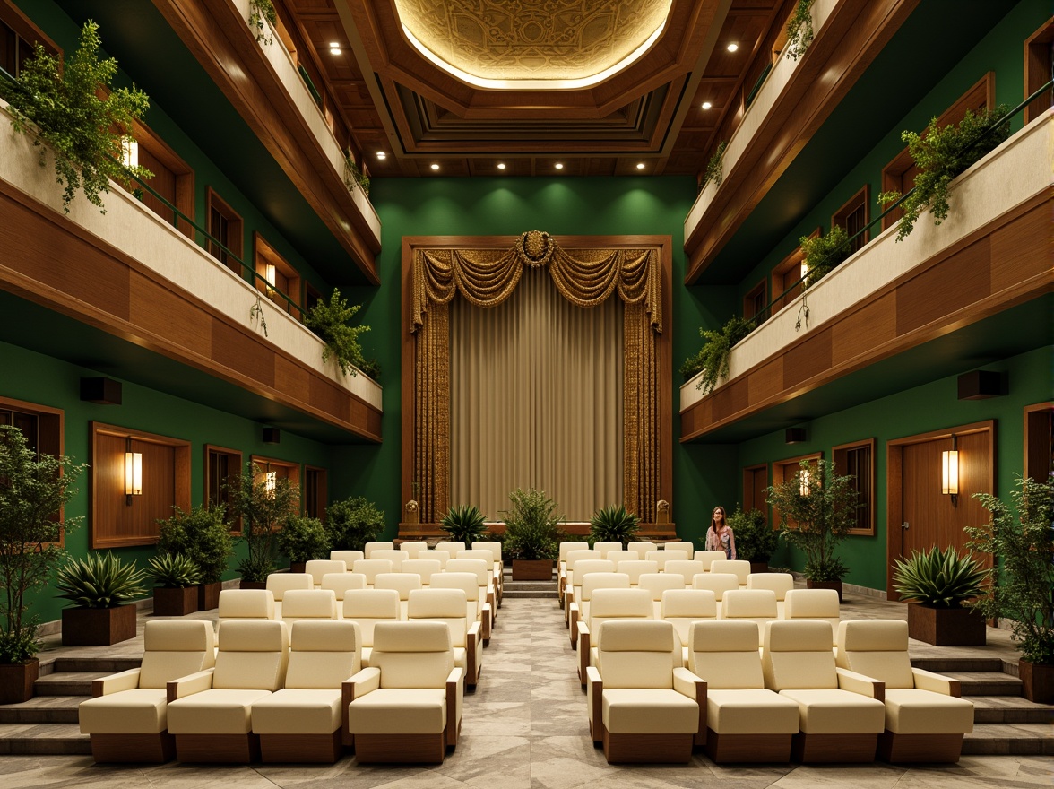 Prompt: Vibrant theater green walls, rich wooden accents, soft cream-colored seats, elegant golden lighting fixtures, lush indoor plants, natural stone floors, curved staircases, dramatic ceiling heights, ornate architectural details, warm beige curtains, softbox lights, subtle textures, 1/1 composition, realistic renderings, ambient occlusion.