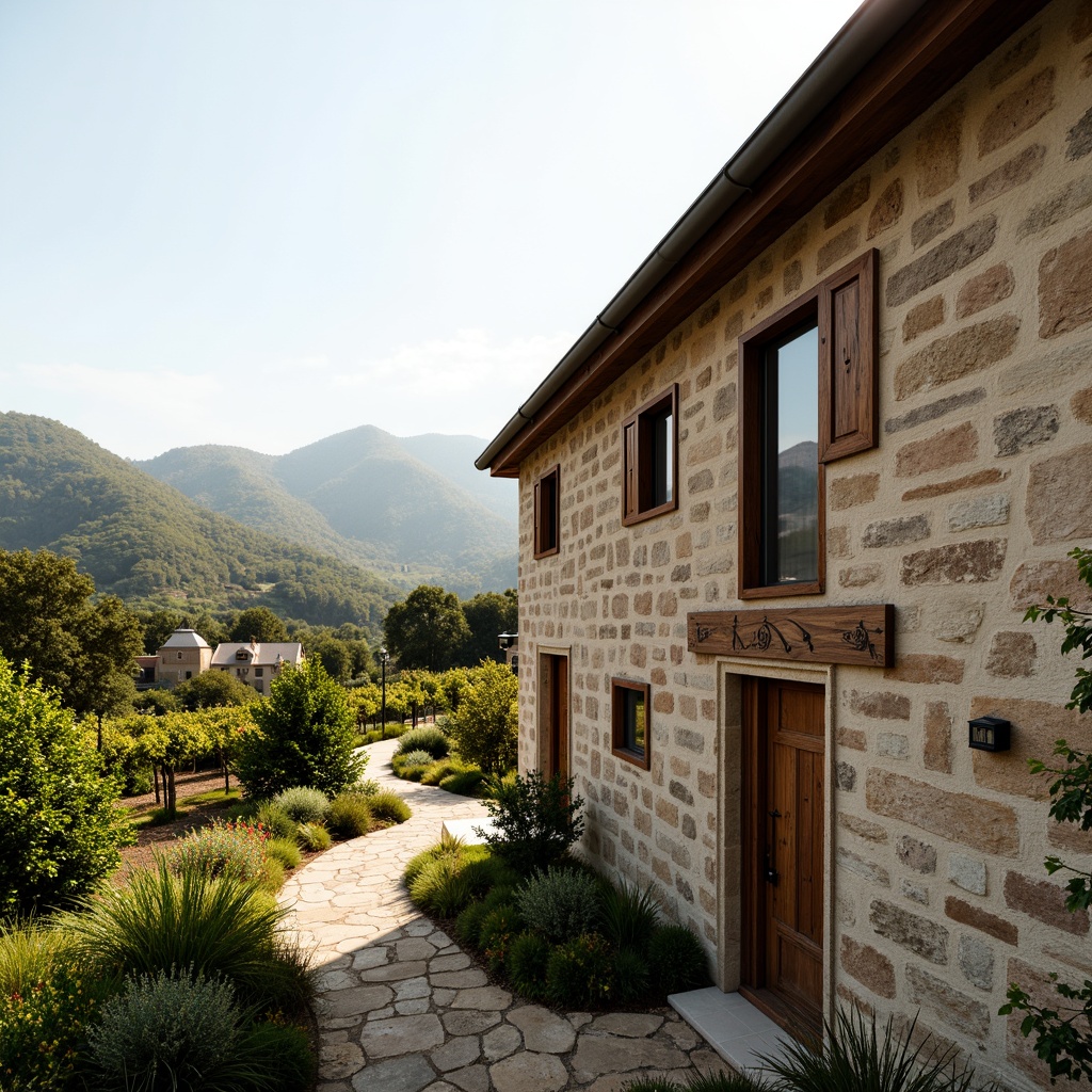 Prompt: Rustic winery building, stone walls, wooden accents, lush green vineyards, rolling hills, serene countryside, minimal ornamental elements, natural earth tones, weathered wood textures, industrial metal details, functional simplicity, panoramic views, warm soft lighting, shallow depth of field, 3/4 composition, realistic foliage, ambient occlusion.