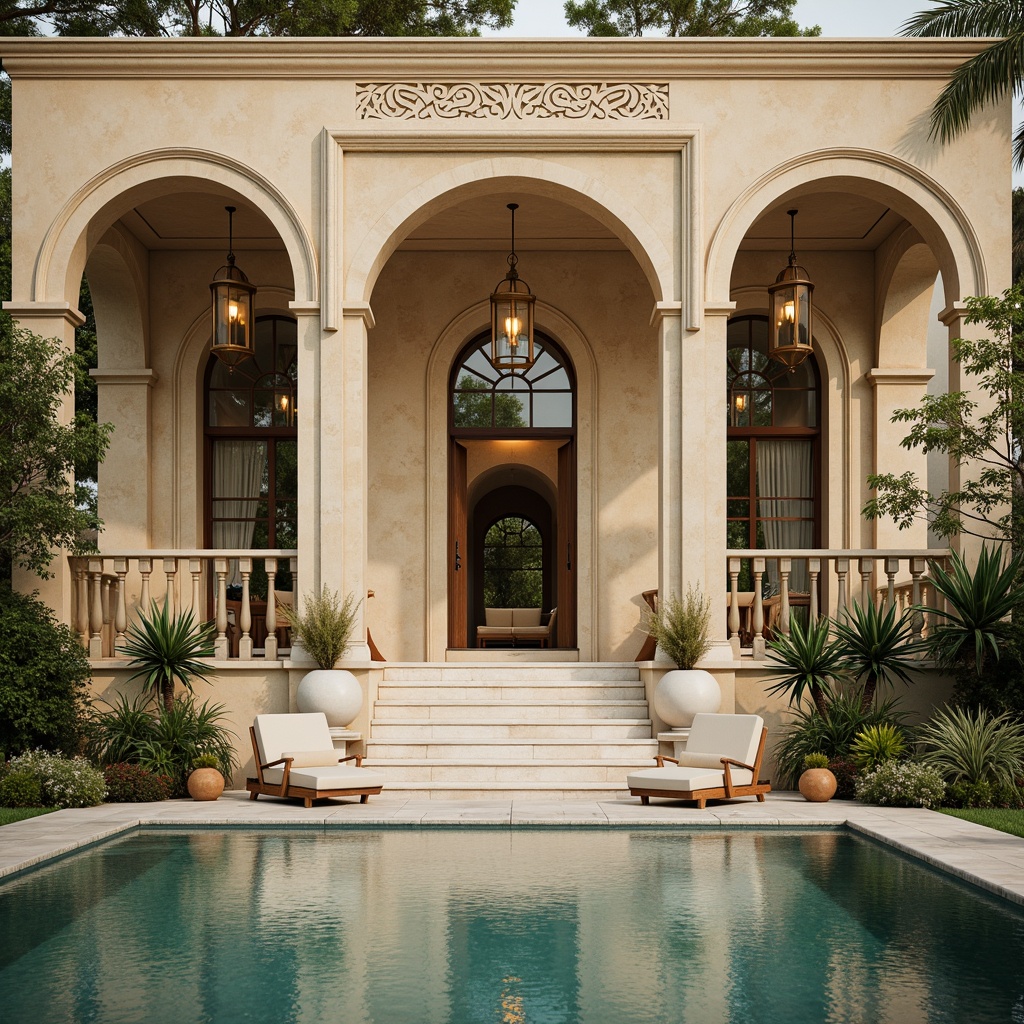 Prompt: Grandiose pool house, ornate columns, intricately carved stone facades, symmetrical architecture, majestic entrance, sweeping staircases, elegant lanterns, lush greenery, tranquil water features, serene atmosphere, warm beige stucco, creamy marble accents, decorative moldings, subtle golden lighting, shallow depth of field, 1/1 composition, realistic textures, ambient occlusion.