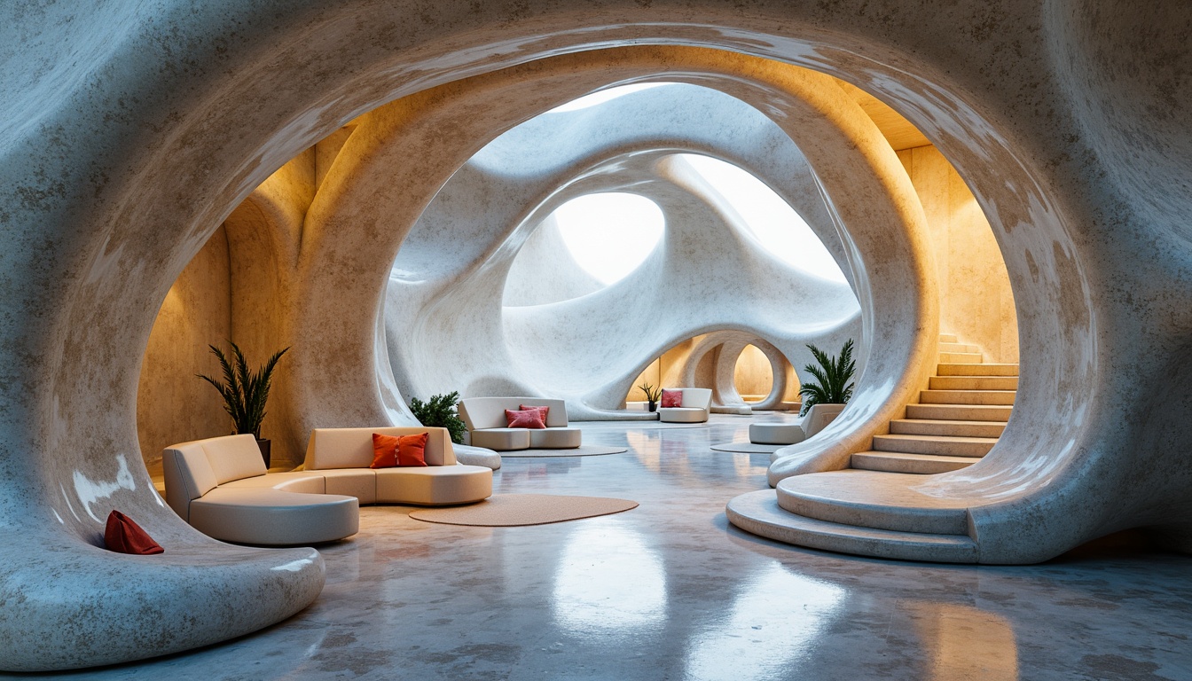 Prompt: Organic architecture, flowing curves, undulating lines, futuristic aesthetic, sleek metallic surfaces, iridescent colors, luminous lighting, soft focus, shallow depth of field, 1/1 composition, symmetrical balance, harmonious proportions, natural stone textures, polished marble floors, minimalist decor, avant-garde furniture, whimsical patterns, intricate details, dreamy ambiance, ethereal atmosphere.