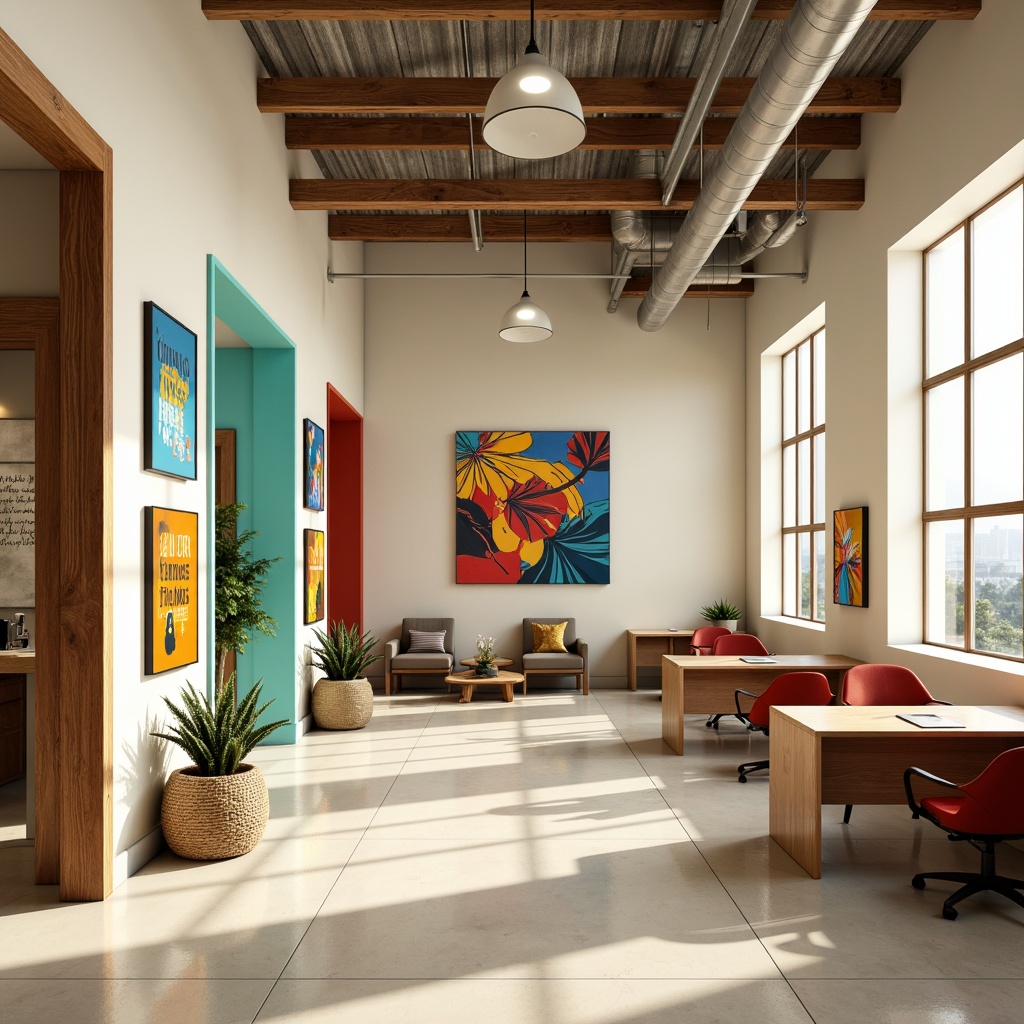 Prompt: Vibrant design studio, modern minimalist interior, sleek wooden desks, ergonomic chairs, colorful abstract artwork, inspirational quotes, natural light pouring through large windows, warm beige walls, rich walnut accents, bold turquoise highlights, creamy white textures, 1/1 composition, softbox lighting, shallow depth of field, realistic render, ambient occlusion.