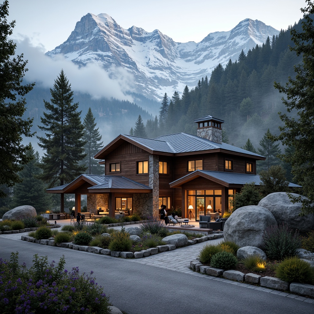 Prompt: Rustic mountain lodge, natural stone walls, wooden accents, earthy tones, rugged textures, reclaimed wood planks, metal roofing, snow-covered peaks, misty valleys, dense forest surroundings, winding mountain roads, granite boulders, wooden bridges, cozy fireplaces, warm ambient lighting, shallow depth of field, 1/1 composition, realistic rock formations, atmospheric fog effects.