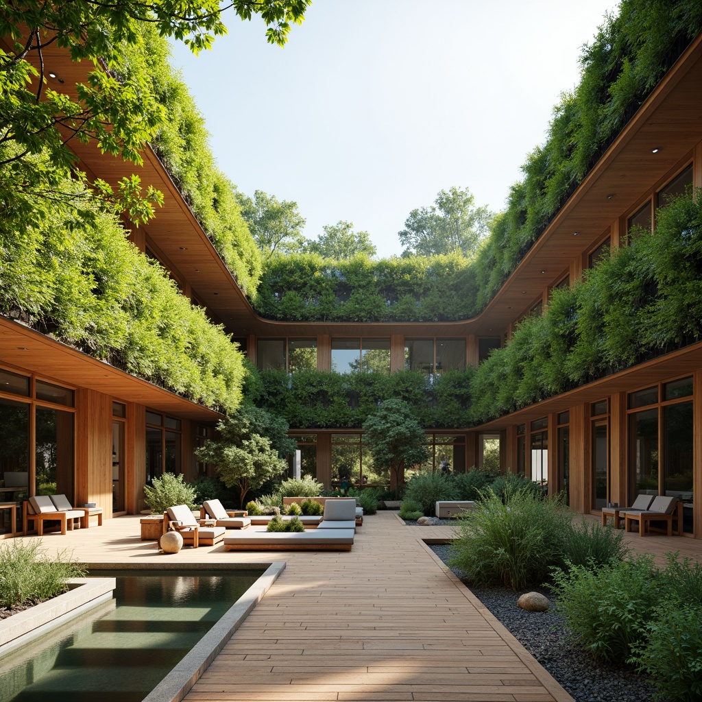 Prompt: Minimalist eco-friendly buildings, green roofs, living walls, recycled materials, low-carbon footprint, natural ventilation, abundant daylight, solar panels, wind turbines, rainwater harvesting systems, grey water reuse, bamboo floors, reclaimed wood accents, earthy color palette, organic shapes, curved lines, simple forms, open floor plans, airy atriums, calming ambiance, soft natural light, shallow depth of field, 1/2 composition, realistic textures, ambient occlusion.