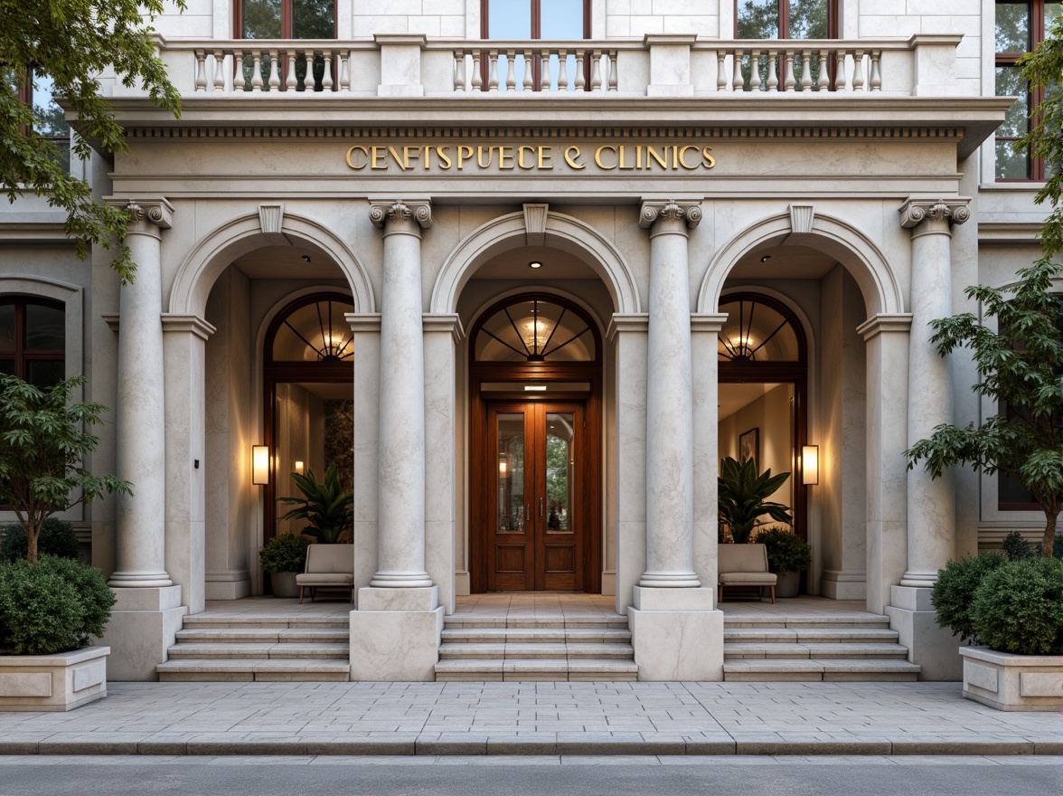 Prompt: Elegant clinic facade, grand entrance, imposing columns, ornate capitals, classic pediments, symmetrical composition, neutral color palette, smooth stone surfaces, subtle arches, circular motifs, refined details, sophisticated ambiance, natural light pouring in, soft warm lighting, shallow depth of field, 3/4 composition, realistic textures, ambient occlusion.