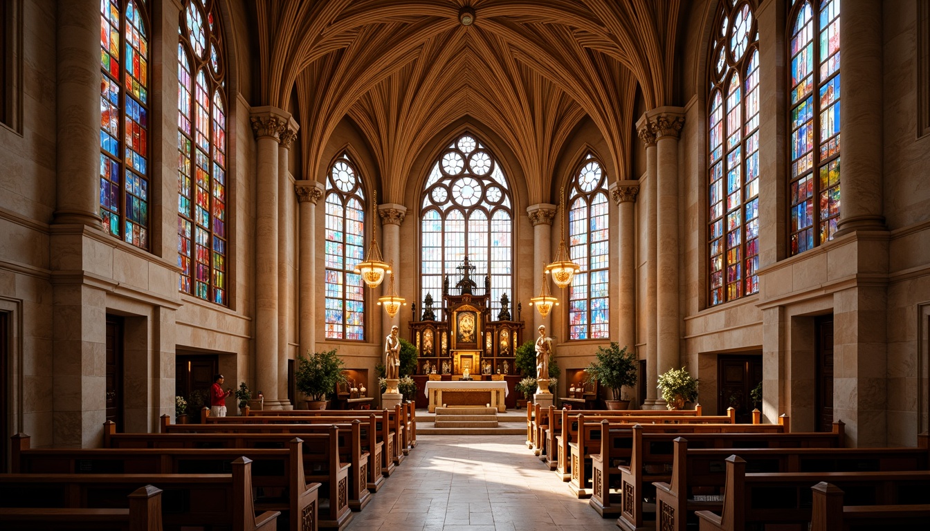 Prompt: Sacred temple interior, ornate altar, vibrant stained glass windows, intricately carved wooden pews, majestic columns, vaulted ceilings, grand chandeliers, peaceful ambiance, soft warm lighting, shallow depth of field, 1/1 composition, symmetrical balance, harmonious color palette, marble flooring, luxurious velvet drapes, golden accents, spiritual symbolism, sacred artifacts, serene atmosphere, natural stone walls, clerestory windows, mystical aura.