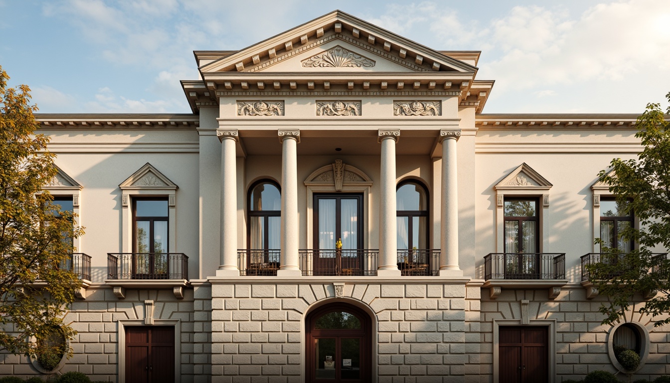 Prompt: Grand neoclassical facade, ornate columns, carved stone decorations, symmetrical composition, rusticated base, pediment crowning, classical orders, ionic capitals, scroll-like volutes, intricate moldings, elegant balconies, French windows, wrought iron railings, limestone walls, cream-colored stucco, subtle gradient of light, warm afternoon sun, shallow depth of field, 2/3 composition, realistic textures, ambient occlusion.