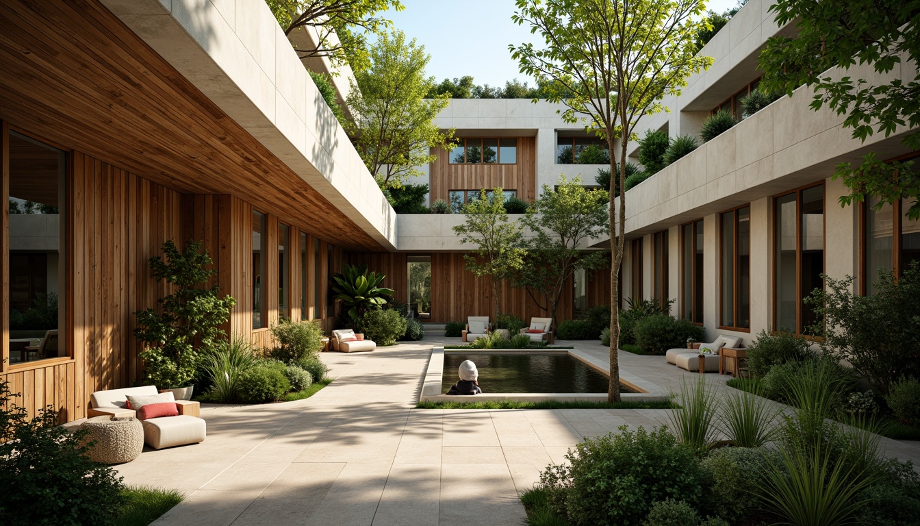 Prompt: Harmonious courtyard, lush vegetation, natural stone walls, wooden accents, curved lines, organic architecture, earthy tones, abundant daylight, clerestory windows, green roofs, living walls, water features, serene ambiance, minimalist decor, warm lighting, shallow depth of field, 1/1 composition, realistic textures, ambient occlusion.