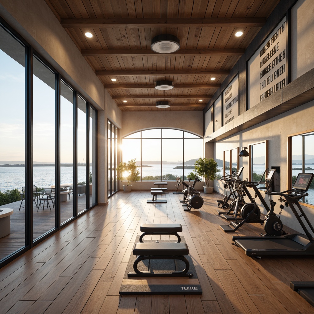 Prompt: Seaside gymnasium, ocean views, large windows, sliding glass doors, natural ventilation, wooden flooring, nautical-themed decor, minimalist interior design, functional training areas, cardio equipment, free weights, exercise machines, mirrored walls, motivational quotes, calming color palette, soft warm lighting, 1/1 composition, shallow depth of field, realistic textures, ambient occlusion.