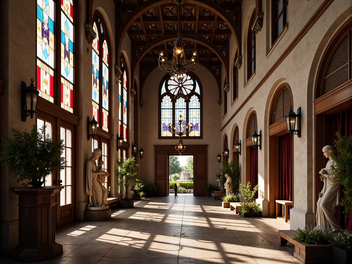 Prompt: Ancient monastery, eclectic facade, ornate stone carvings, vibrant stained glass windows, intricate wooden doors, mystical statues, curved arches, grand entrance halls, high ceilings, ornamental chandeliers, luxurious velvet drapes, mystical symbols, golden accents, warm soft lighting, shallow depth of field, 1/1 composition, realistic textures, ambient occlusion.