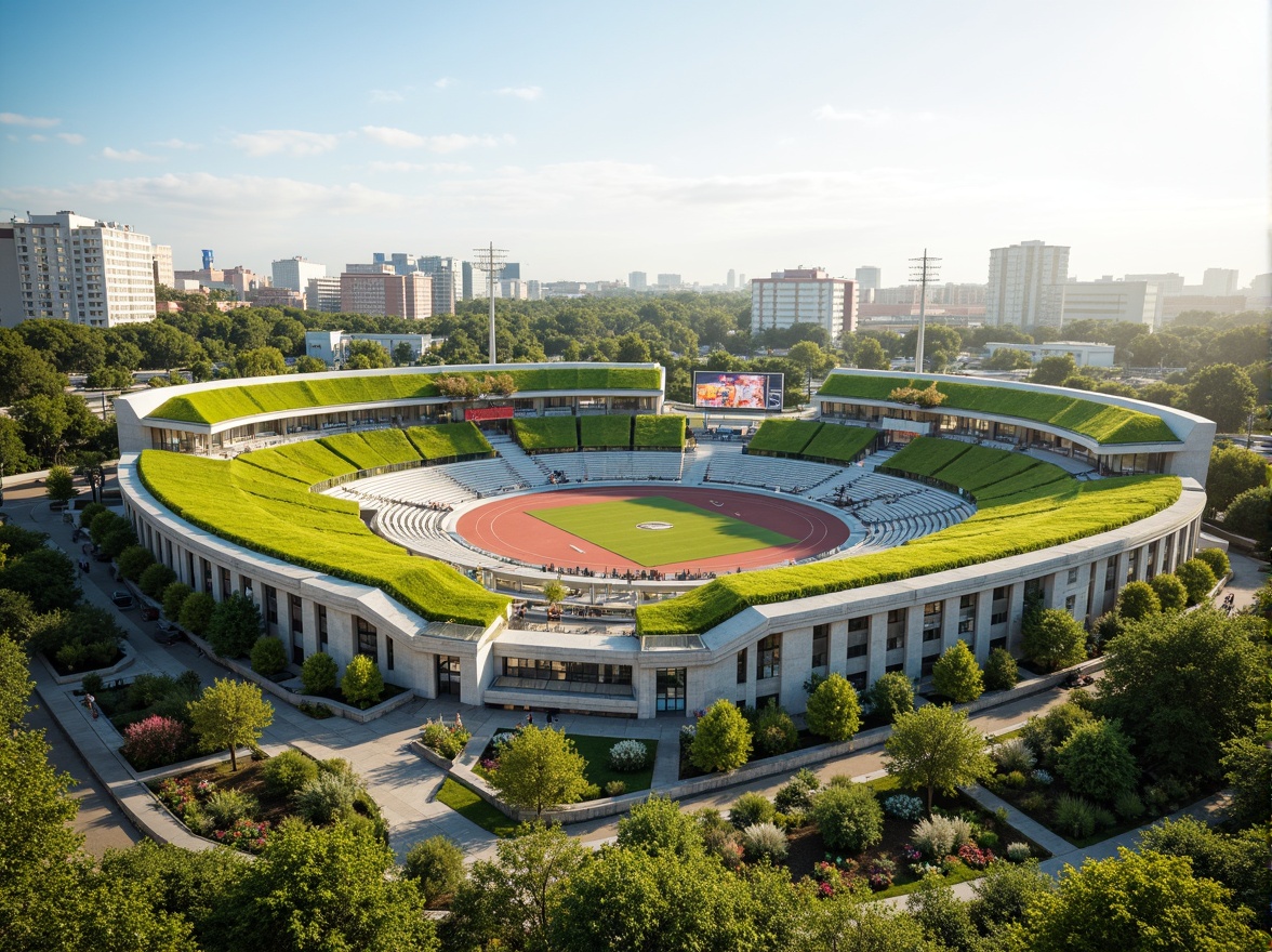 Prompt: Panoramic stadium views, lush green roofs, natural stone fa\u00e7ades, curved architecture lines, vibrant outdoor spaces, sports facilities integration, recreational areas, walking trails, native plant species, blooming flowers, sunny day, soft warm lighting, shallow depth of field, 3/4 composition, realistic textures, ambient occlusion, sleek modern design, cantilevered structures, grandstand seating, scoreboard displays, athletic track surfaces, football fields, soccer pitches, tennis courts, basketball arenas, volleyball courts.