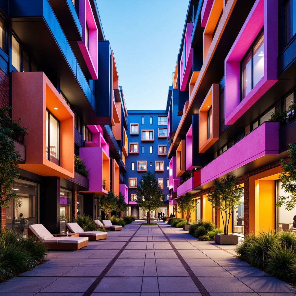 Prompt: Vibrant apartment complex, bold color blocking, geometric shapes, abstract art installations, experimental architecture, futuristic design elements, neon lights, LED displays, modern furniture pieces, sleek surfaces, polished concrete floors, industrial-chic decor, monochromatic accents, contrasting textures, ambient lighting effects, 1/1 composition, shallow depth of field, soft focus background, warm color temperature.