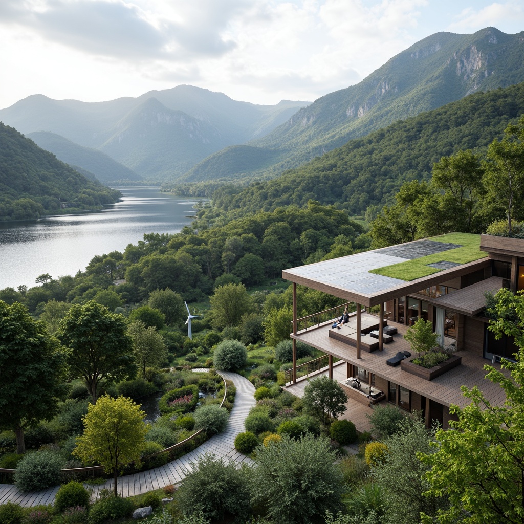 Prompt: Mountainous landscape, rolling hills, serene lakeside, lush greenery, native flora, meandering pathways, rustic stone walls, wooden bridges, modern architectural integration, cantilevered roofs, floor-to-ceiling windows, minimalist design, eco-friendly materials, sustainable energy solutions, solar panels, wind turbines, water conservation systems, green roofs, innovative cooling technologies, shaded outdoor spaces, misting systems, natural stone cladding, organic curves, panoramic views, shallow depth of field, 3/4 composition, realistic textures, ambient occlusion.