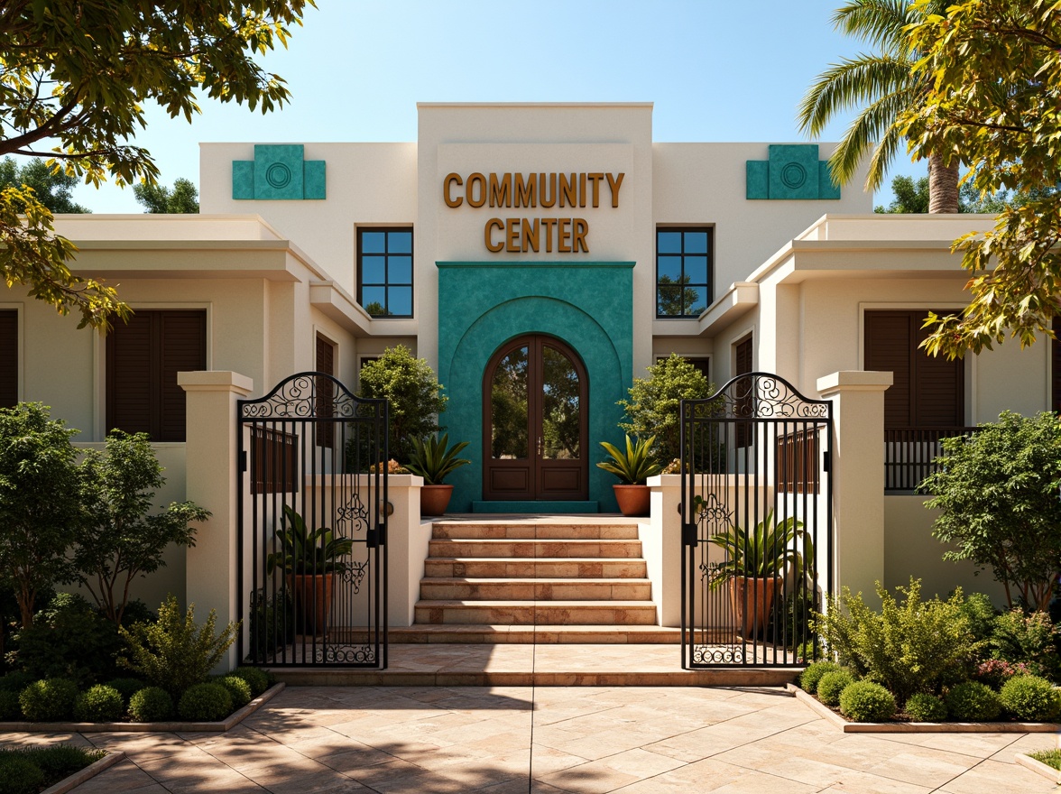 Prompt: Geometric community center, ornate metal gates, symmetrical entrance, bold typography, vibrant turquoise accents, glazed terracotta tiles, decorative bronze door handles, grand staircase, lush greenery, tropical plants, warm sunny day, soft golden lighting, shallow depth of field, 1/1 composition, realistic textures, ambient occlusion, Art Deco patterns, chevron motifs, sunburst designs, ornate metalwork, luxurious materials, opulent interior spaces.