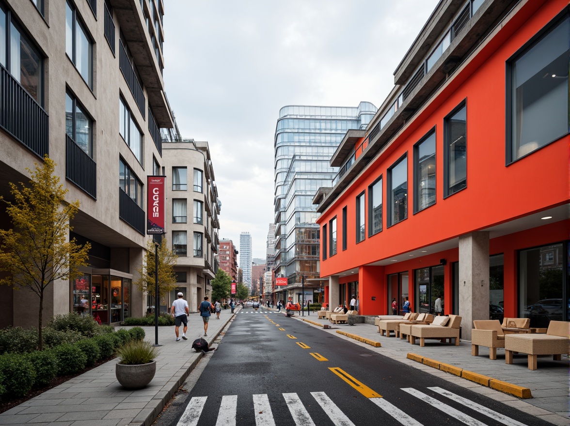 Prompt: Vibrant primary colors, bold geometric shapes, minimalist aesthetic, industrial materials, steel beams, concrete walls, functional design, open floor plans, abundant natural light, rectangular windows, sliding glass doors, urban cityscape, busy streets, modern metropolis, cloudy sky, soft diffused lighting, shallow depth of field, 3/4 composition, dynamic diagonal lines, graphic patterns, abstract artwork, avant-garde style.