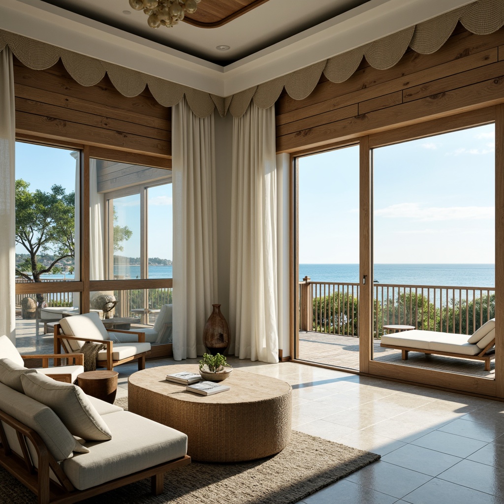 Prompt: Coastal hotel, oceanfront views, large windows, floor-to-ceiling glass walls, sliding doors, natural linen drapes, sheer white curtains, wave-inspired valances, weathered wood accents, nautical rope details, coral-patterned textiles, sea-glass tiles, soft blue-green hues, warm beachy lighting, shallow depth of field, 1/1 composition, panoramic views, realistic reflections, ambient occlusion.