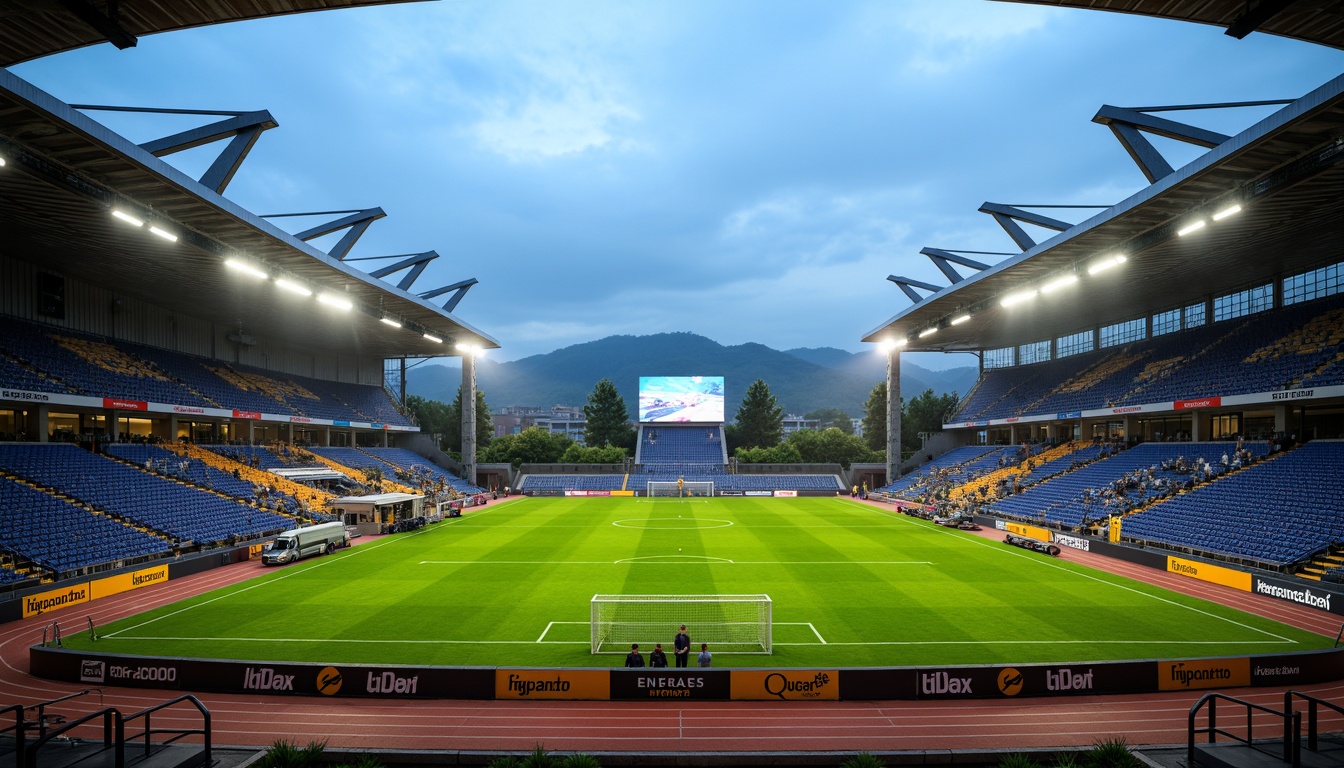 Prompt: Lush green football pitch, tiered seating, modern stadium architecture, cantilevered roofs, angular lines, sleek metal structures, transparent glass facades, vibrant team colors, athletic track, sports lighting, evening floodlights, misty atmosphere, shallow depth of field, 3/4 composition, panoramic view, realistic textures, ambient occlusion, integrated landscape design, natural stone walkways, pedestrian access, parking facilities, food and beverage kiosks, merchandise shops, VIP lounges, media broadcasting areas, player dugouts, scoreboard displays.