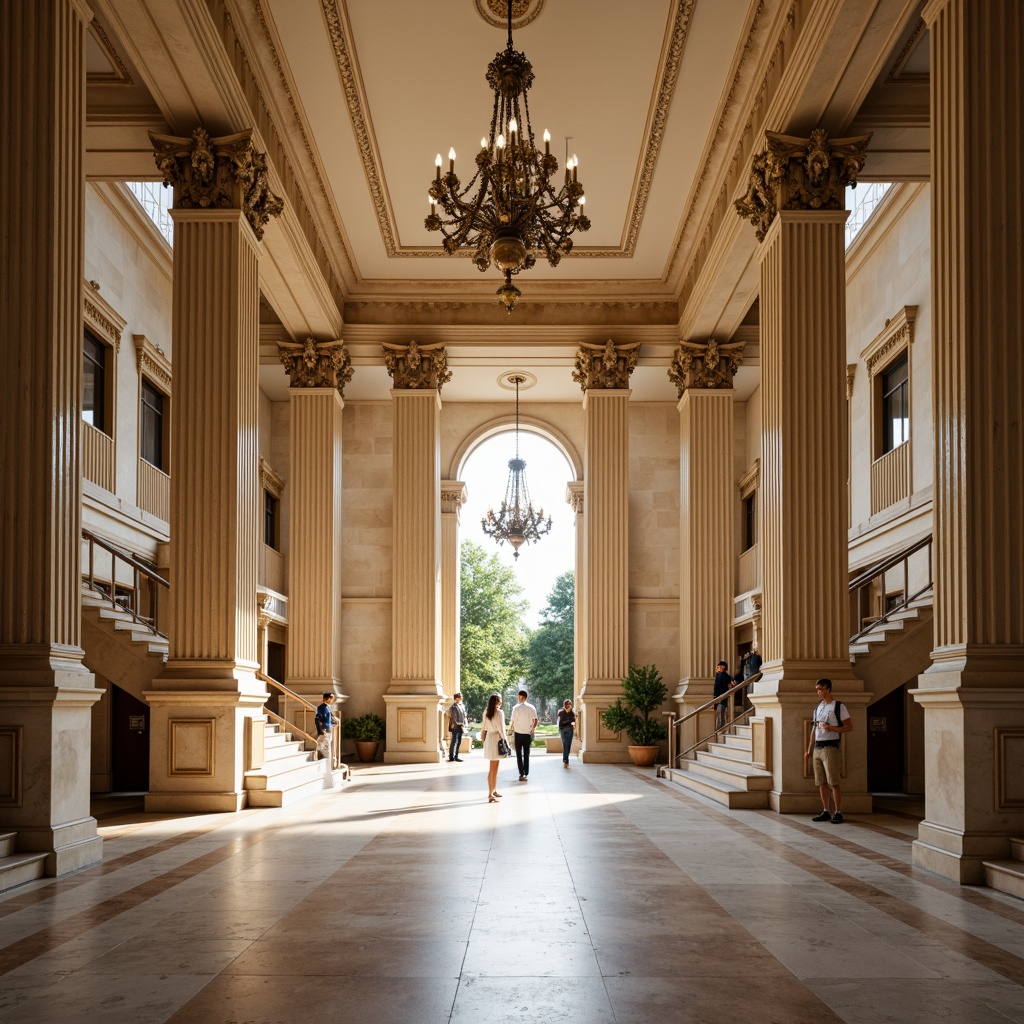 Prompt: Grandiose high school entrance, imposing neoclassical columns, ornate capitals, intricate carvings, symmetrical facade, majestic staircase, polished marble floors, elegant chandeliers, spacious atrium, natural light pouring in, warm beige stone walls, classical pediments, decorative friezes, subtle arches, refined pilasters, harmonious proportions, soft diffused lighting, shallow depth of field, 2/3 composition, realistic textures, ambient occlusion.