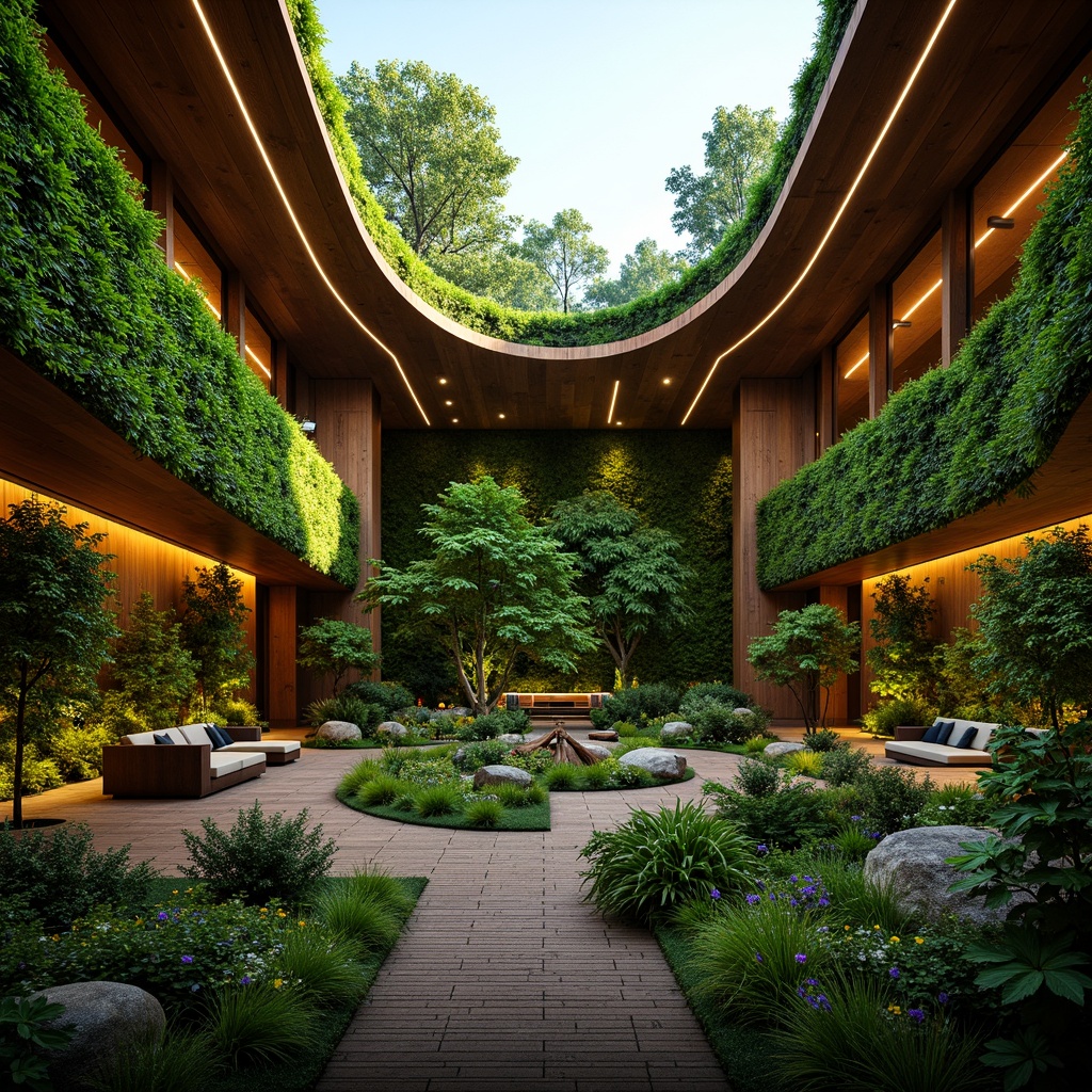 Prompt: Vibrant green theater, lush foliage walls, natural wood accents, earthy tones, moss-covered roofs, living walls, organic curves, sustainable materials, energy-efficient systems, solar panels, rainwater harvesting, recycled metal structures, reclaimed wood furniture, soft warm lighting, shallow depth of field, 3/4 composition, panoramic view, realistic textures, ambient occlusion.