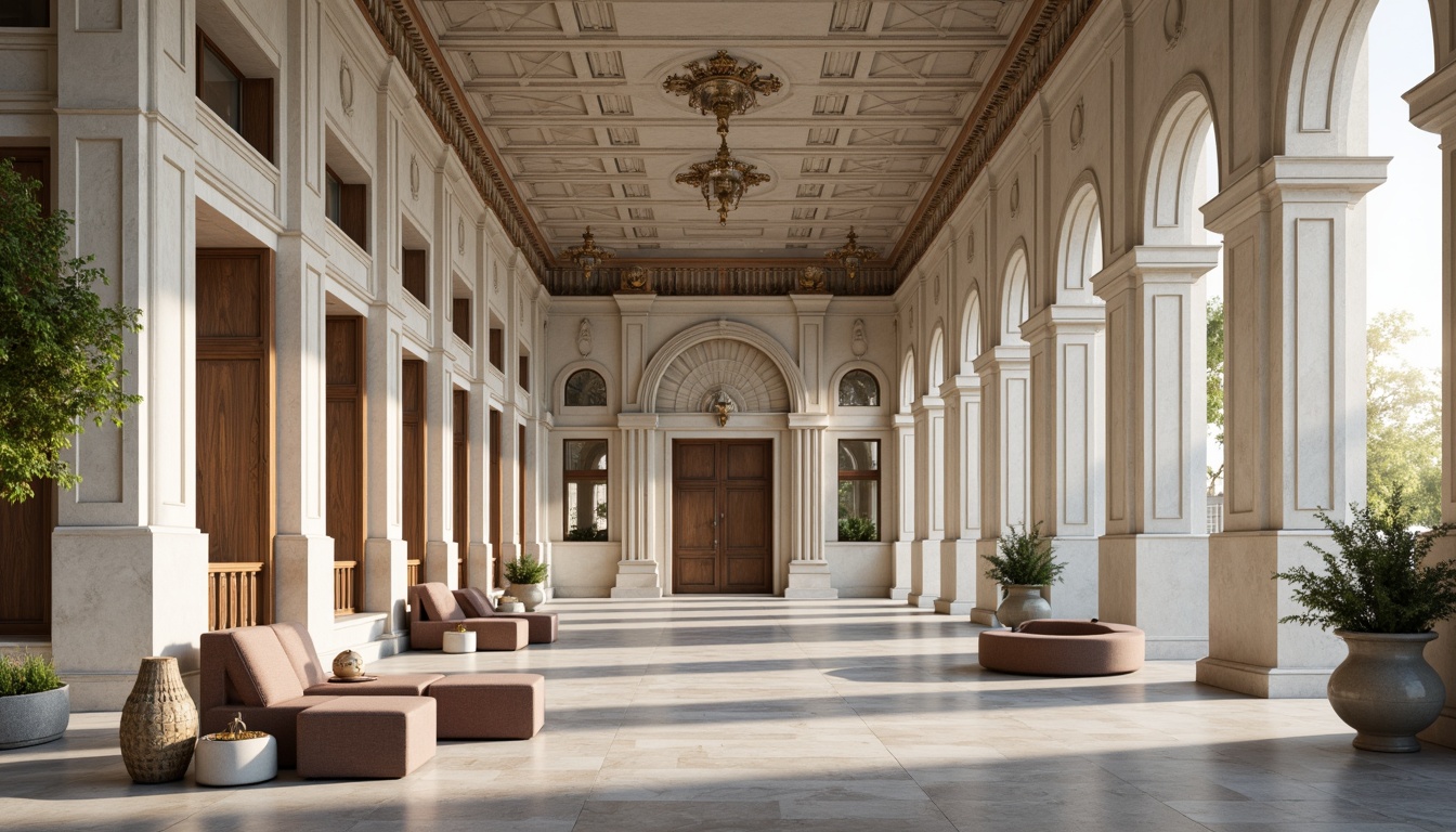 Prompt: Elegant clinic building, symmetrical facade, ionic columns, ornate details, grand entrance, sweeping archways, marble floors, neutral color palette, balanced composition, harmonious proportions, natural light pouring in, soft warm glow, shallow depth of field, 1/1 composition, panoramic view, realistic textures, ambient occlusion, classical-inspired furnishings, luxurious materials, subtle patterns.