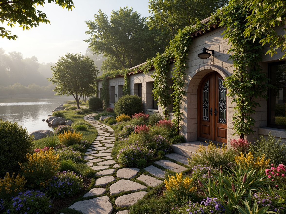 Prompt: Rustic cottage, vine-covered walls, blooming flowers, lush greenery, winding stone pathways, serene lakeside, misty morning atmosphere, soft warm lighting, shallow depth of field, 3/4 composition, panoramic view, realistic textures, ambient occlusion, ornate wooden doors, stained glass windows, intricate stonework, curved lines, whimsical architectural details, nature-inspired motifs, earthy color palette, distressed wood accents, vintage outdoor furniture, lush tree canopies, vibrant colorful gardens, meandering streams.