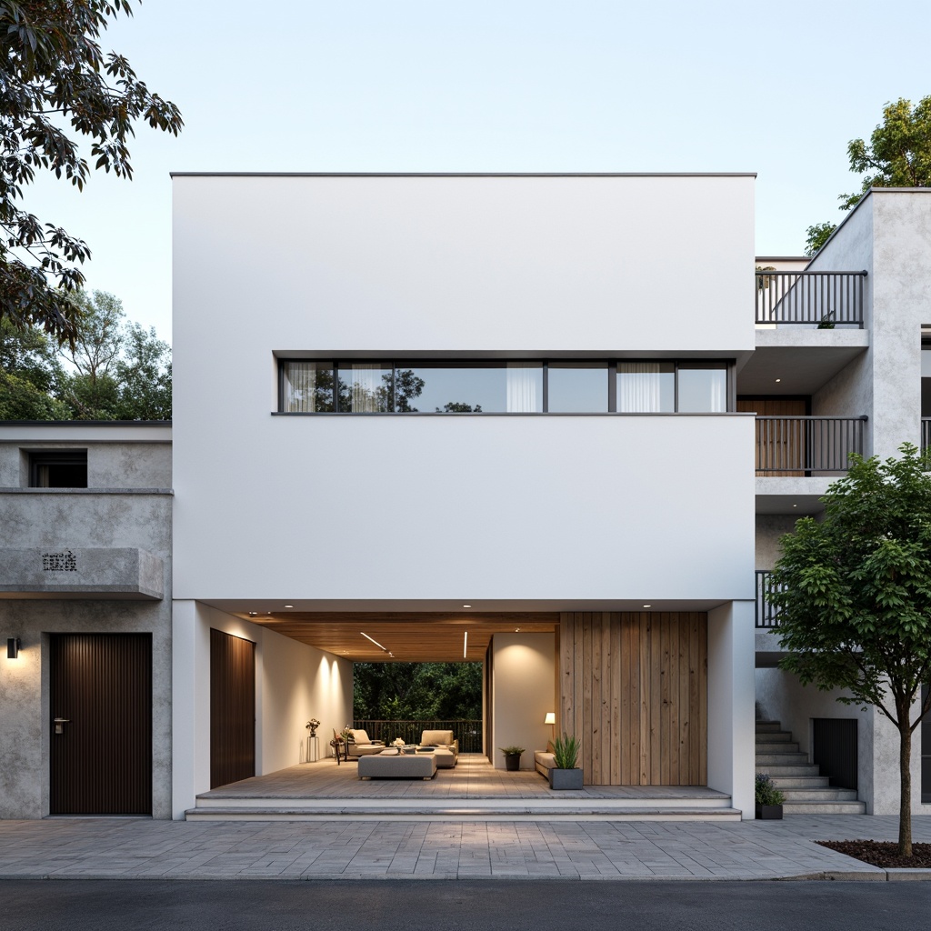 Prompt: Simple white facade, clean lines, minimal ornamentation, large windows, sliding glass doors, neutral color palette, industrial materials, concrete walls, steel beams, wooden accents, subtle textures, natural light, soft shadows, shallow depth of field, 1/1 composition, realistic rendering, ambient occlusion, urban cityscape, busy street scene, modern residential area.